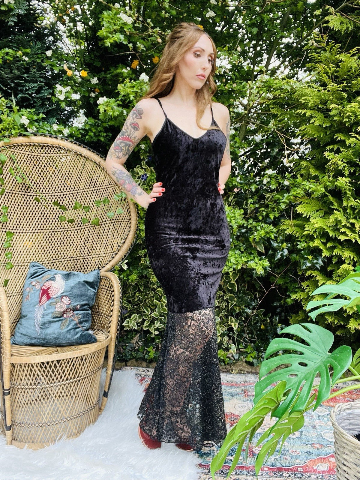Vintage 1990s Velvet Dress With Lace Hem Spaghetti Straps Fitted Long 12-14