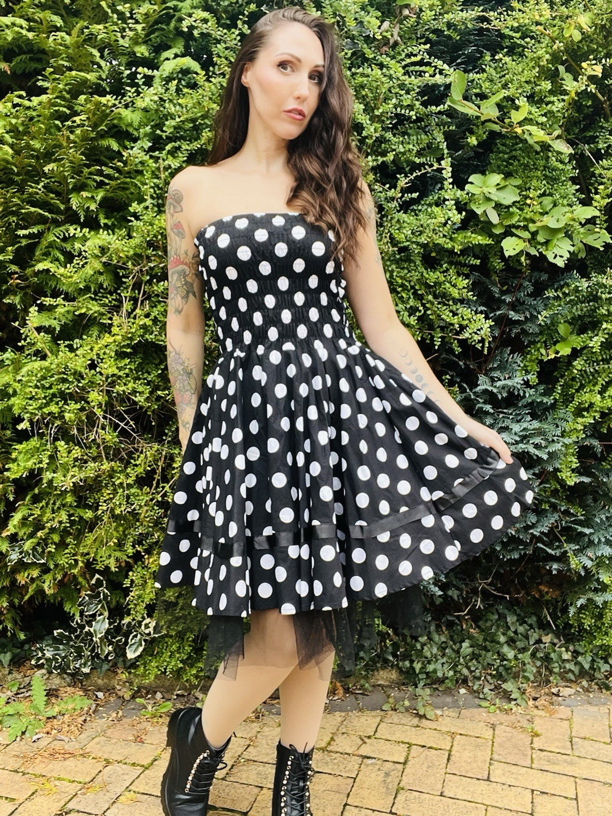 Vintage 1980s Polkadot Dress, Strapless Party Cocktail Dress, Tulle Lining 6-8