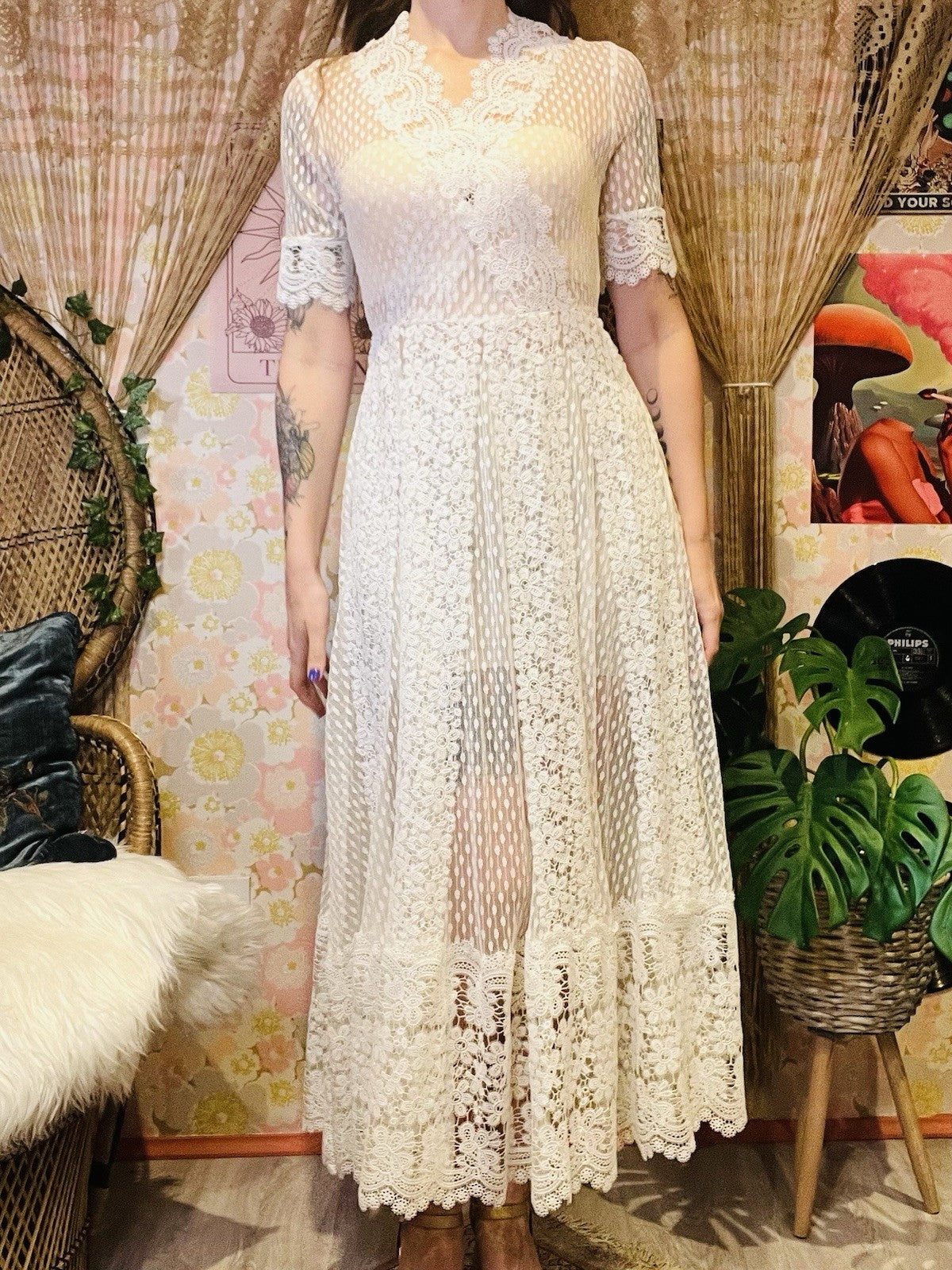 Designer Lace Sheer Dress By Maje Boho Bohemian Summer Festival V Neck 8-10