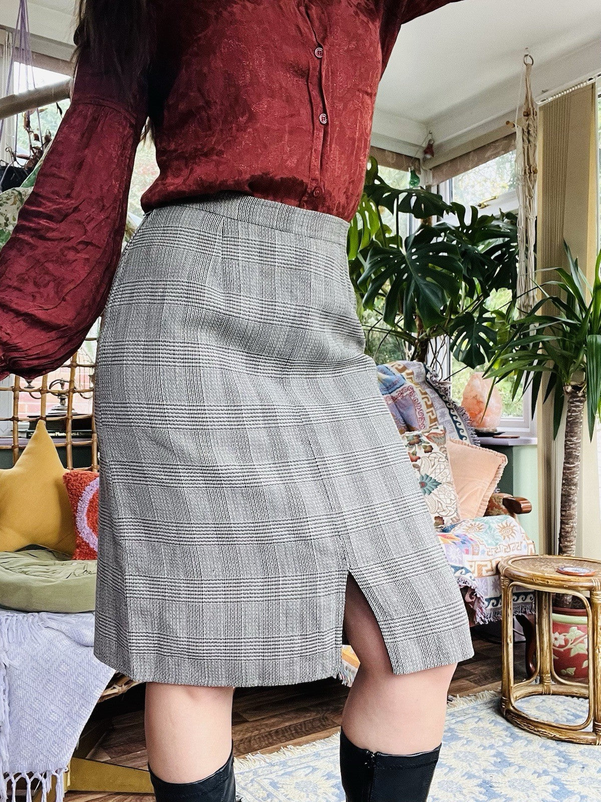 Vintage 1980s Office Skirt, High Waist Midi Length Retro Work Wear Size 12 Wool