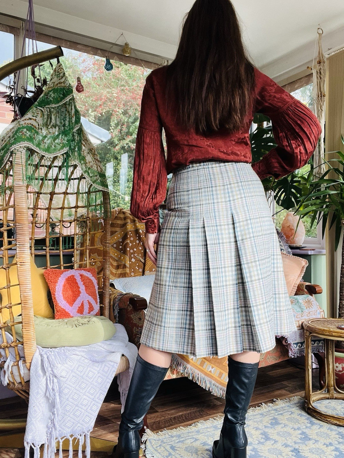 Vintage 1970s Tartan Skirt 100% Wool Pleated Plaid Midi High Waist Skirt Size 16