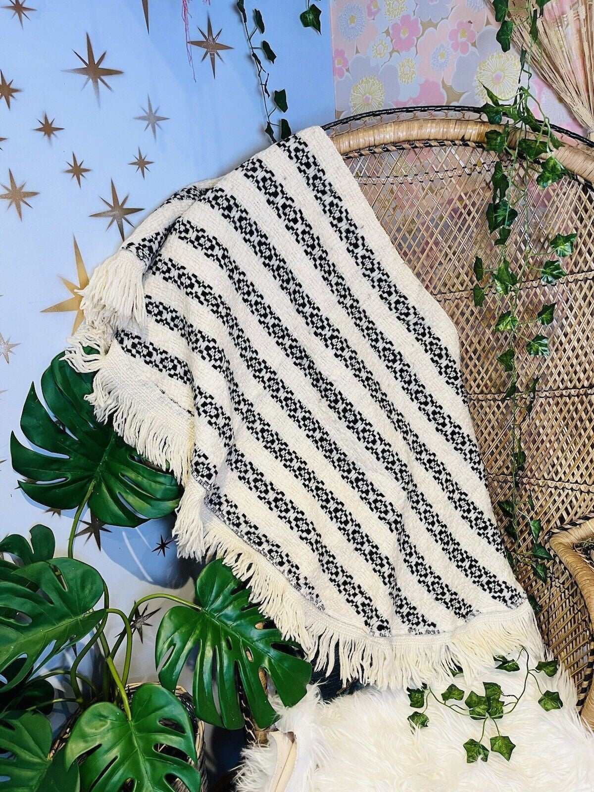 Vintage Knit Crochet Shawl Hippie Boho Triangle Wrap Cape Cottage Whimsy Scarf