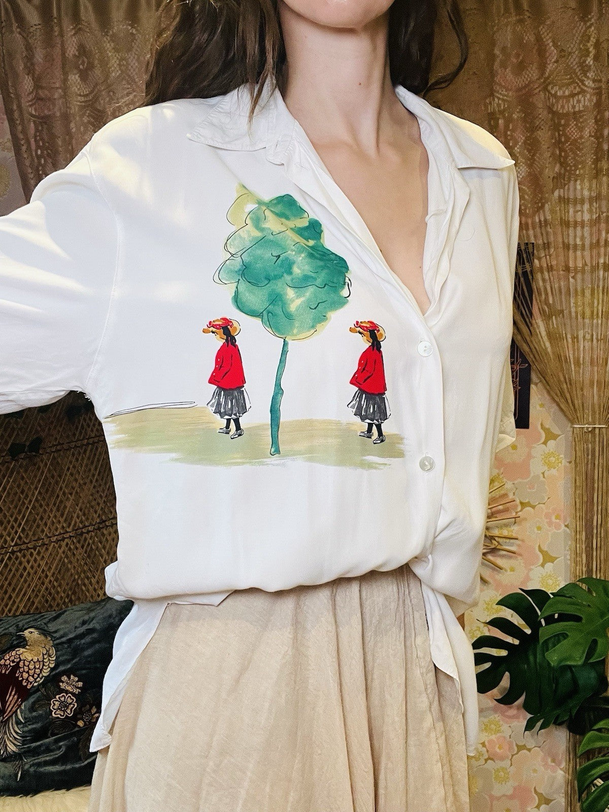 Vintage 1980s Blouse Shirt Watercolour Painting Oversized Baggy Top White 12
