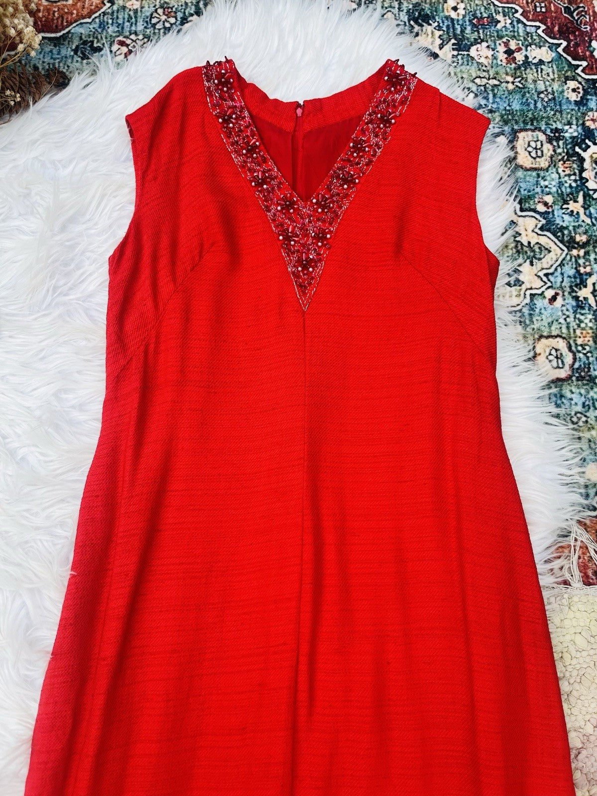 Vintage 1970s Maxi Dress Beaded Embellished Long Retro 70s Dress Red Size 14