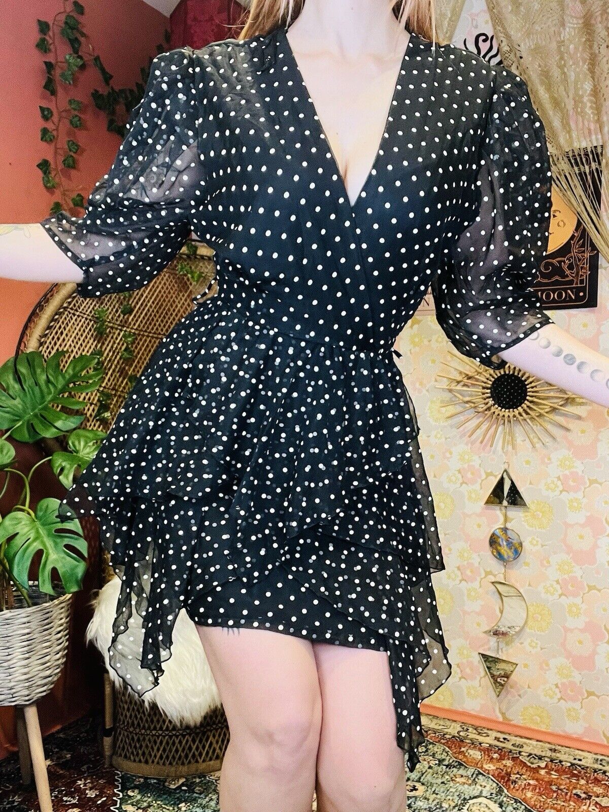 Vintage 1980s Polcadot Dress By Yessica Retro Floaty Assymetric Design Black 8