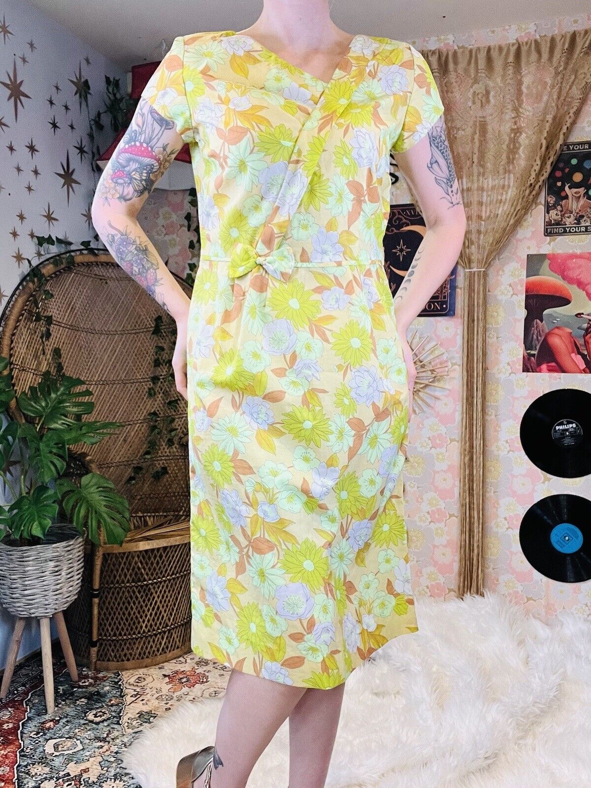 Vintage 60s Summer Dress By Gileric Wrap Front With Bow Knee Length Size 12