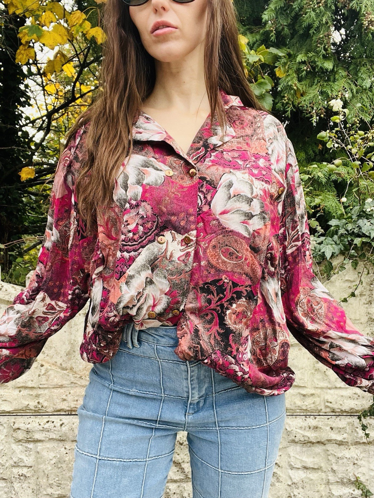 Vintage 80s Oversized Shirt Size 14 16 Red 1980s Retro Bagggy Blouse Floral Top