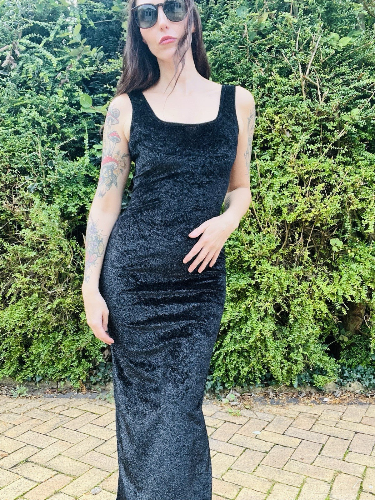 Vintage 1980s Fitted Dress, Long Velvet Wiggle Pencil Dress, Black Size 10