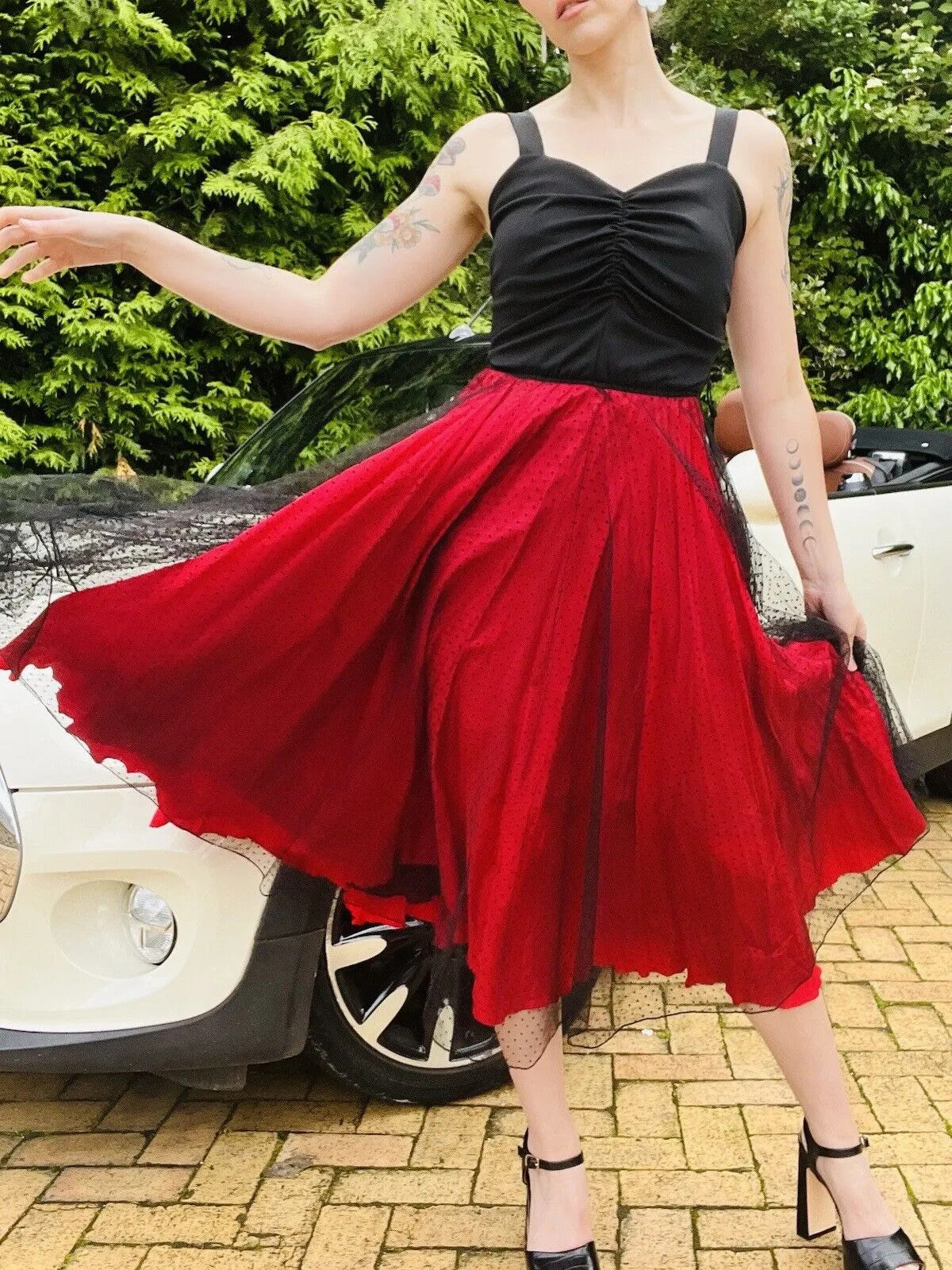 1980s Cocktail Dress Size 8 S True Vintage Black And Red Midi With Lace Overlay
