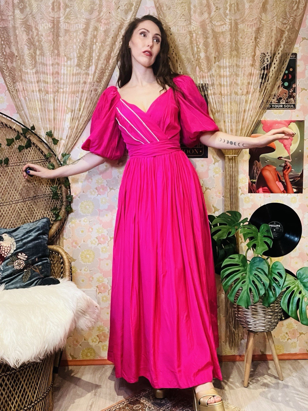 Vintage 1980s Puff Sleeve Dress And Tie Waist Hot Pink Cocktail Gown Size 8
