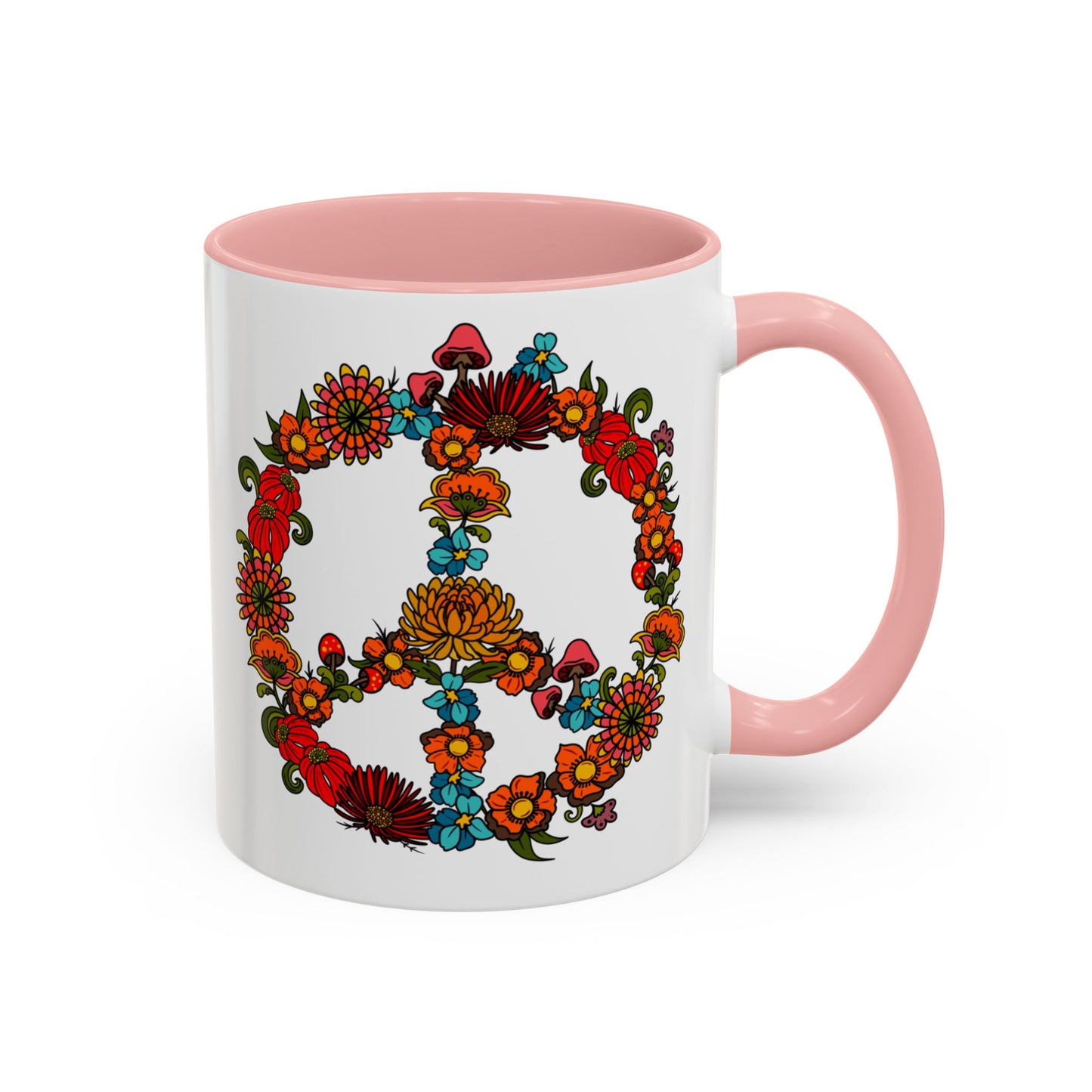 Hippie Peace Sign mug, Retro Floral 60s 70s tea and coffee cup, Colourful CND flower power ceramic mug