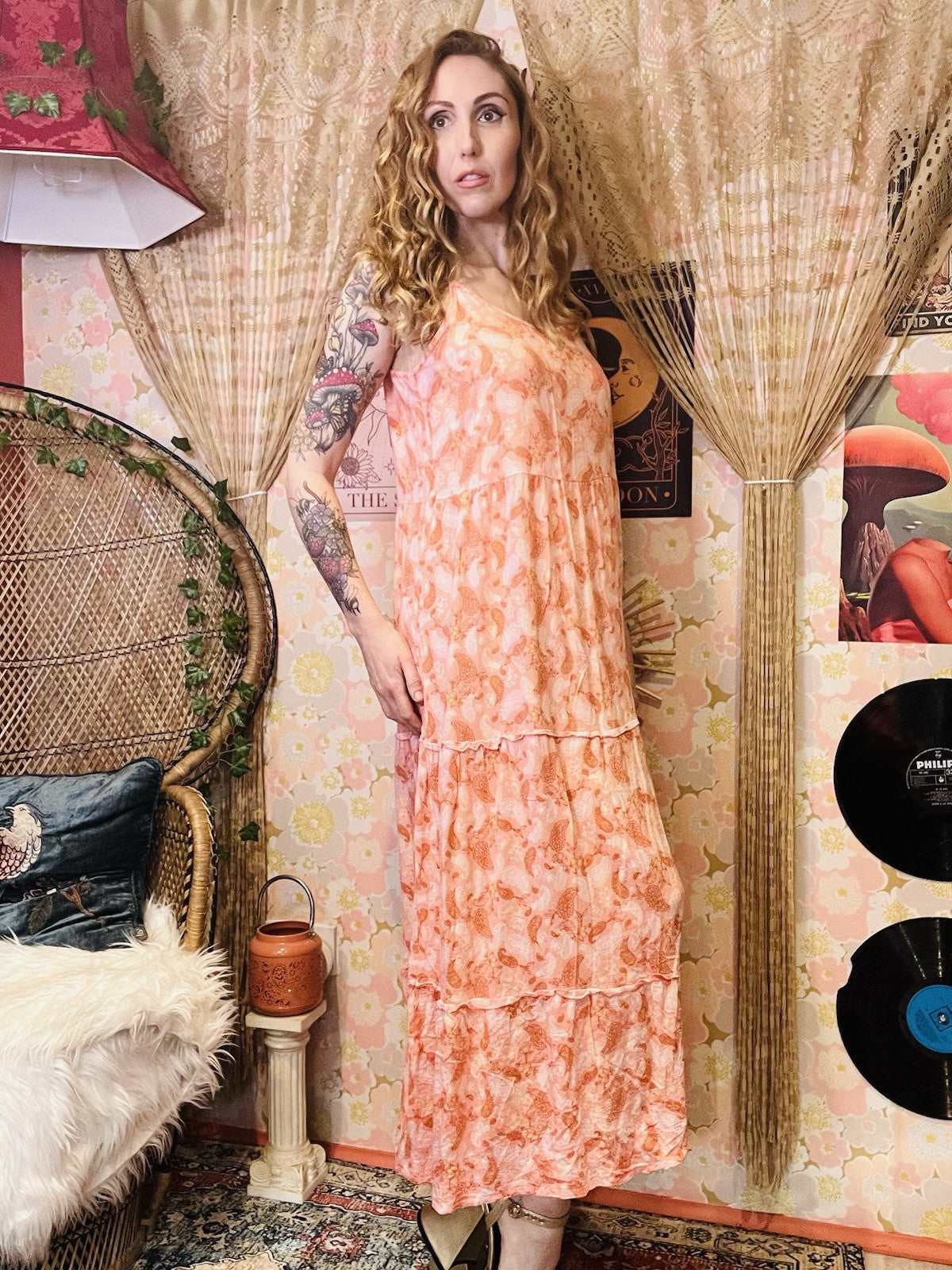 Boho Hippie Maxi Dress Strappy Paisley Long Summer Dress By Up2Fashion Peach M