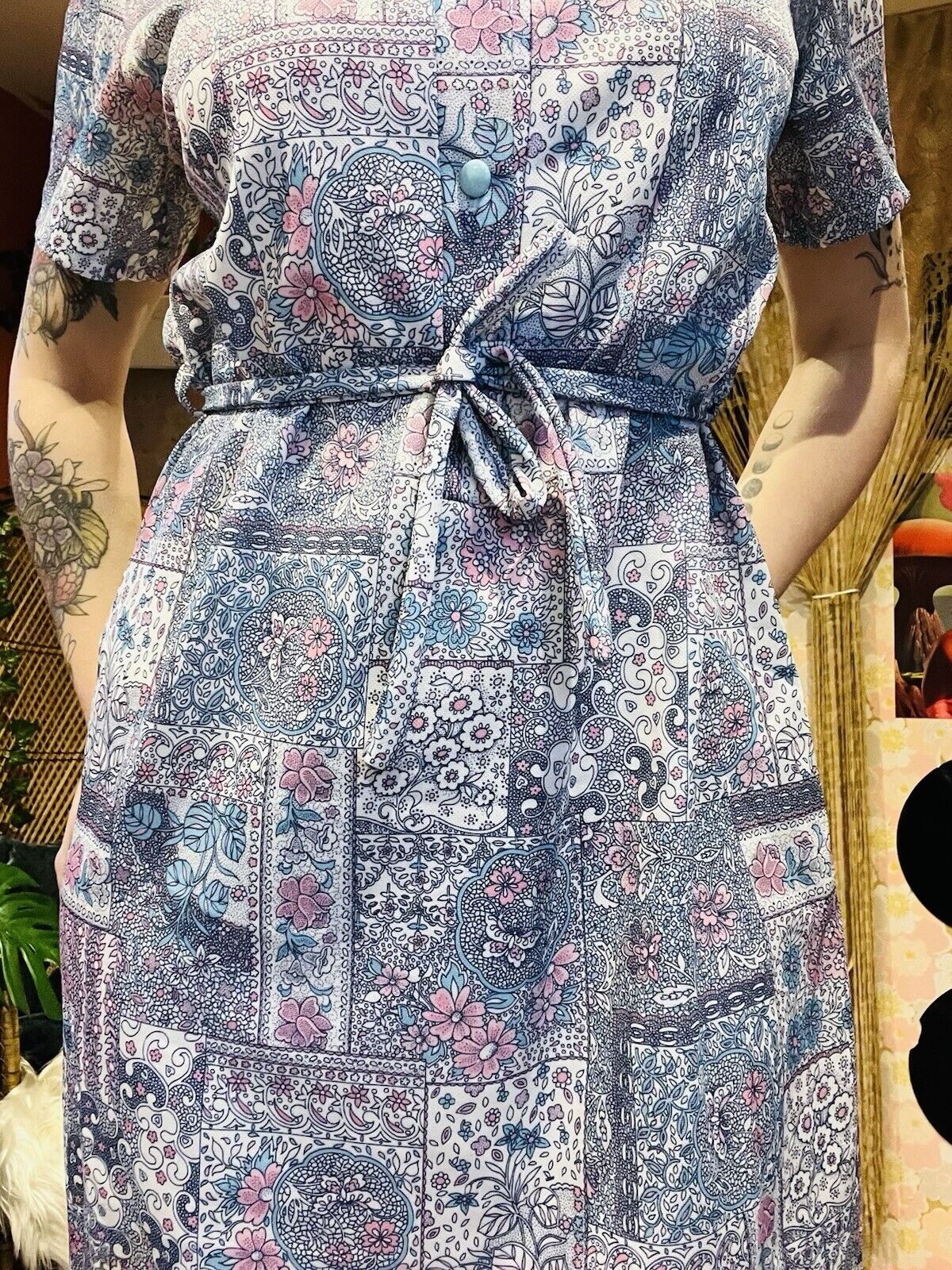 Vintage 1960 Shirt Dress Short Sleeve Floral Paisley Sumner Dress Tie Waist 14