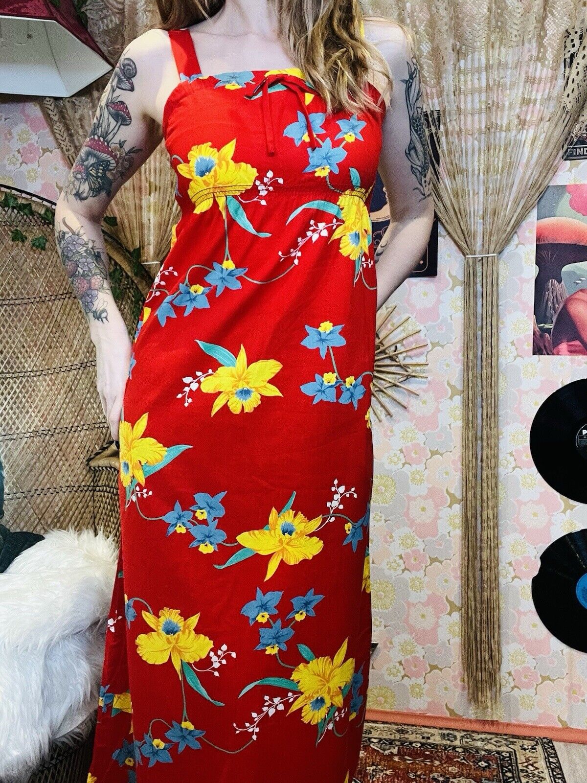 Vintage 1960s Hawaiian Dress By Darina Honolulu Red Floral Maxi Summer Dress 10