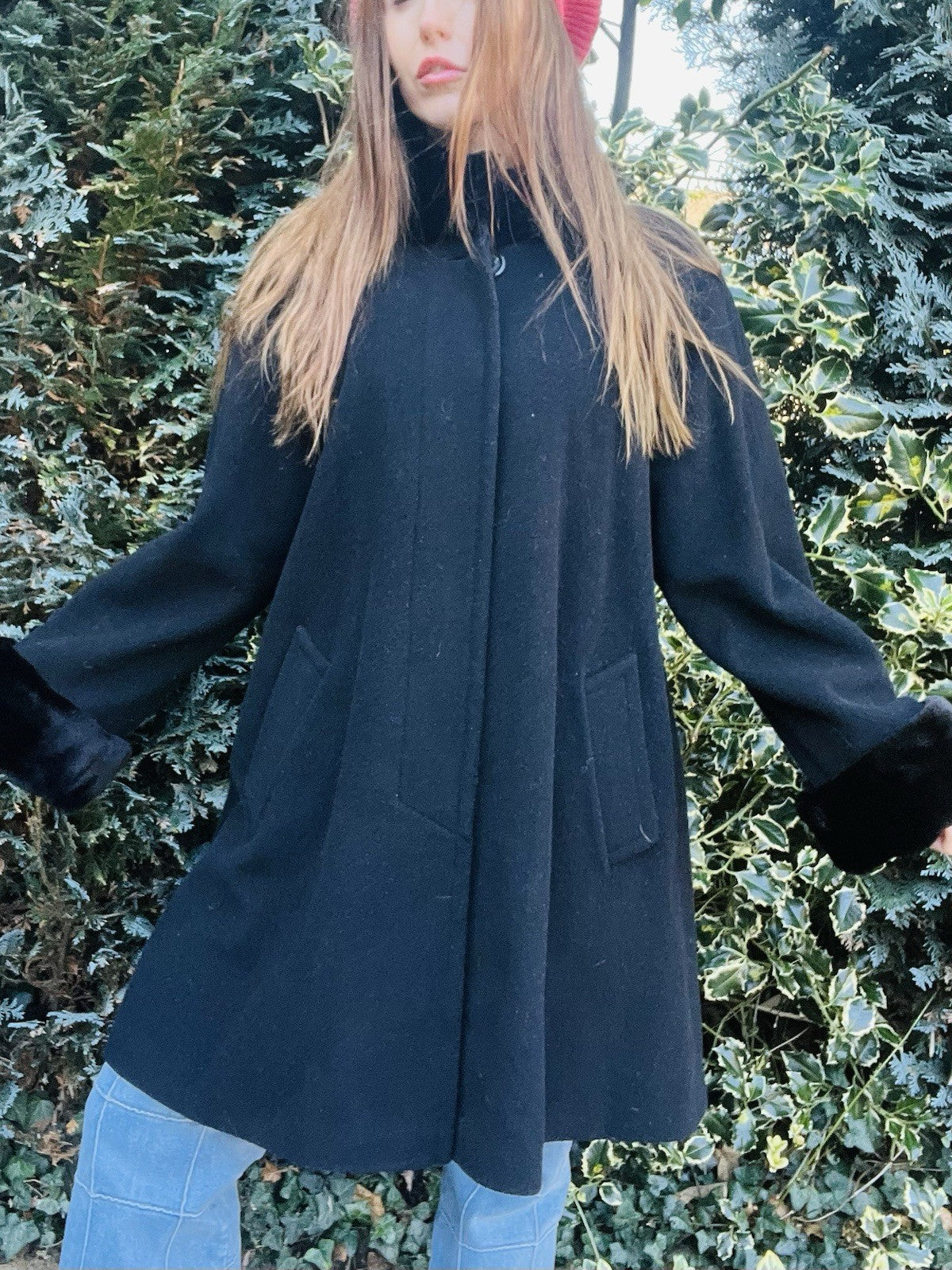 Vintage 1980s Coat Cashmere Blend By Hamells Black With Faux Fur Trim Size 12