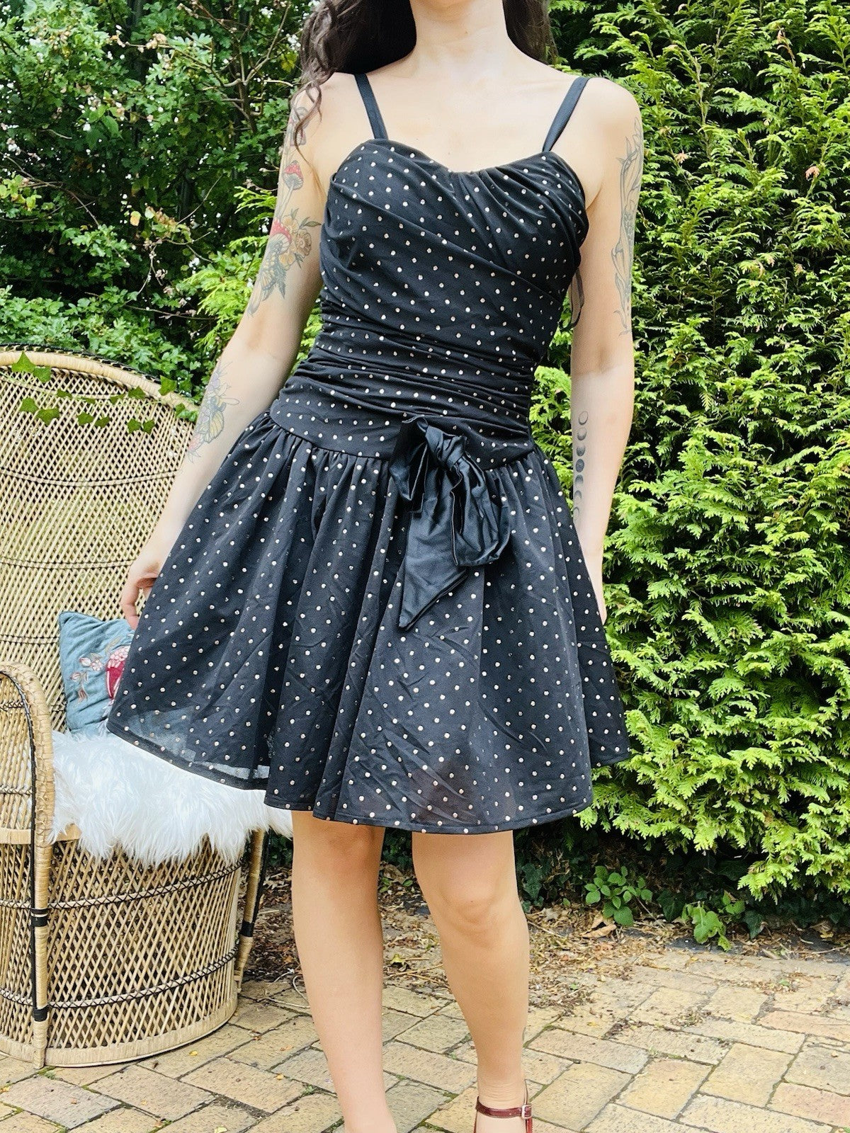 Vintage 80s Party Dress Ruched Waist A-line Puffy Skirt Polkadot With Bow 8-10