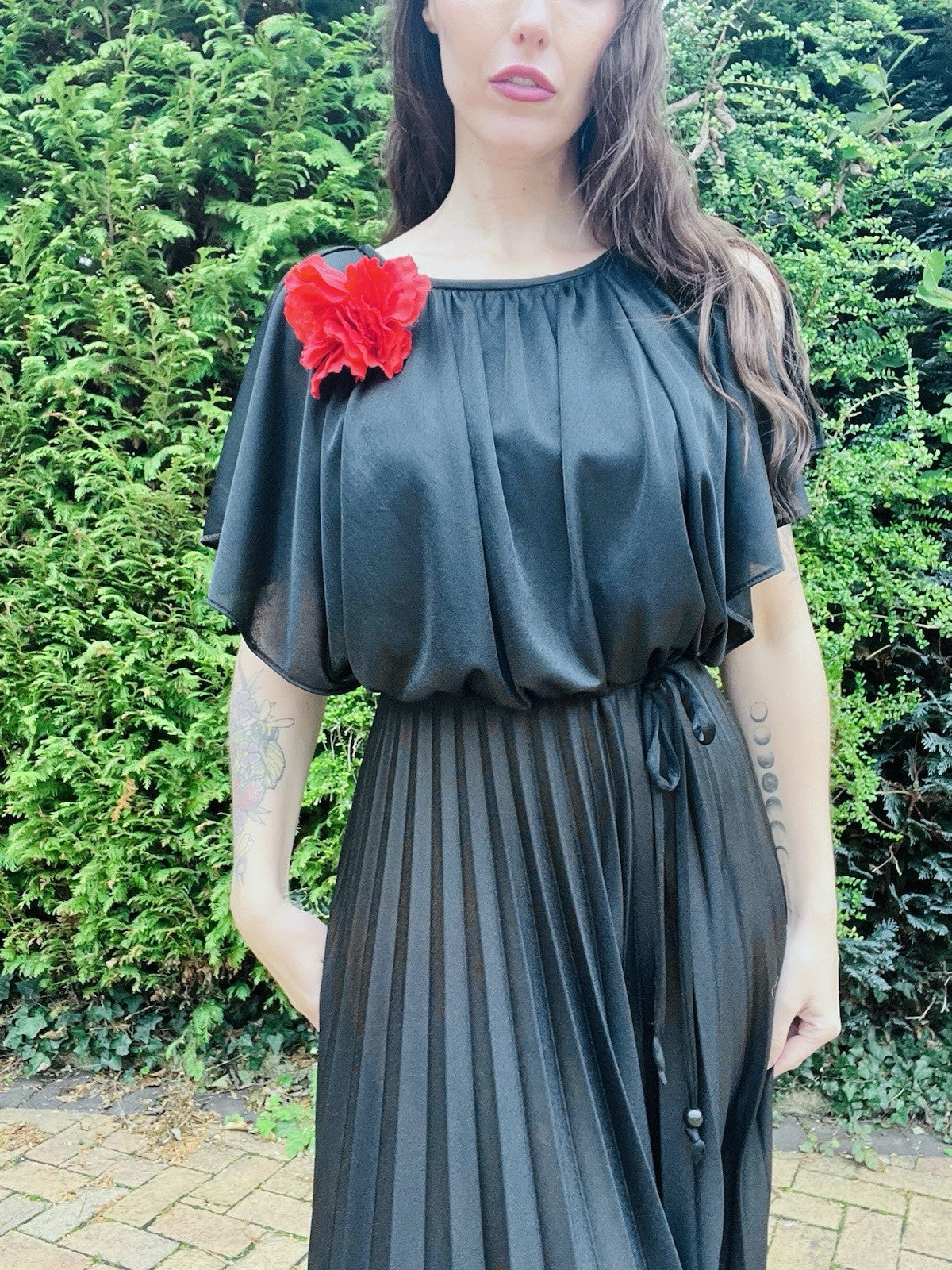 Vintage 1980s Maxi Dress, Long Pleated Skirt, Batwing Cape Sleeve Top, Black 10
