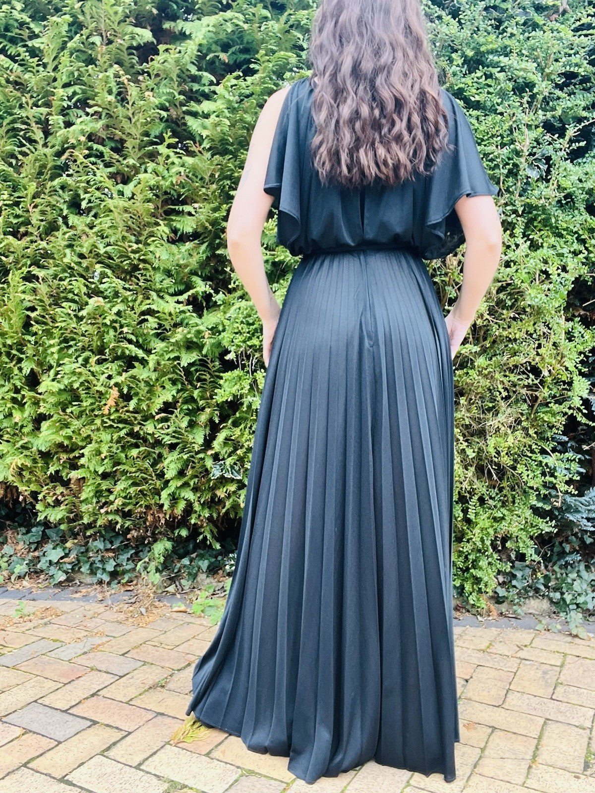 Vintage 1980s Maxi Dress, Long Pleated Skirt, Batwing Cape Sleeve Top, Black 10