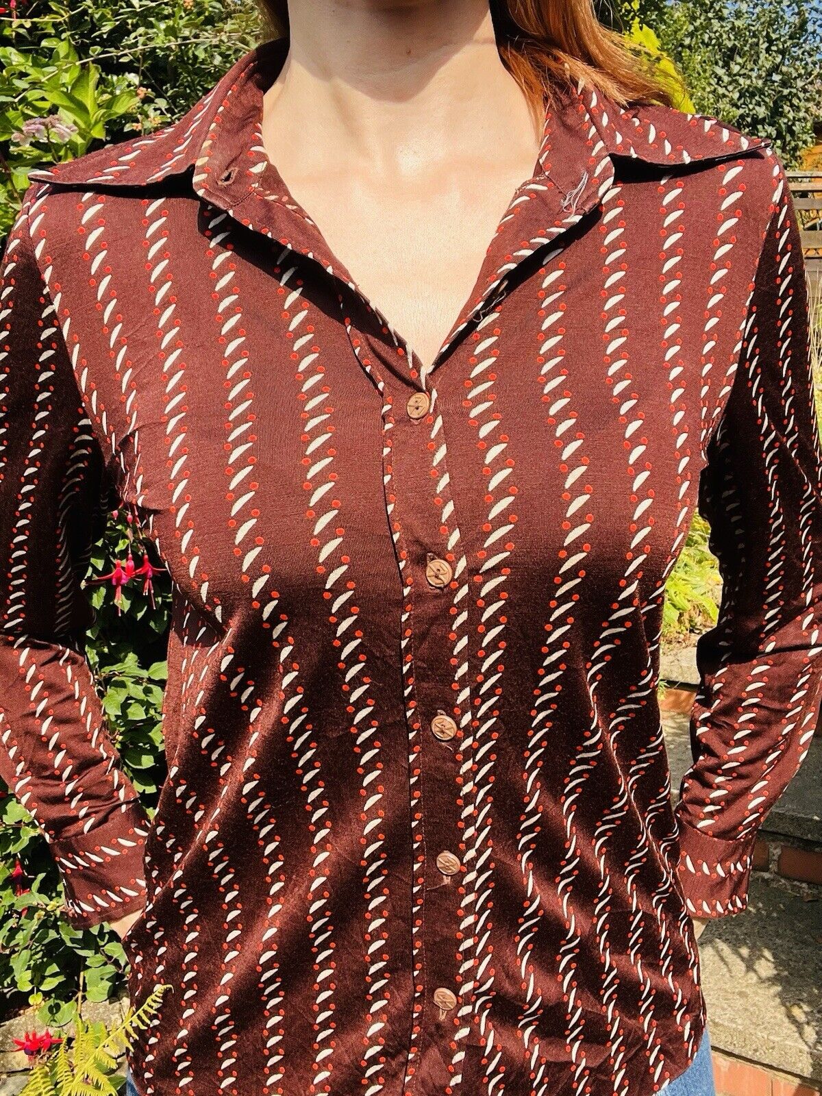 Vintage 1970s Retro Shirt Long Sleeve Abstract Striped Blouse Brown Size 10