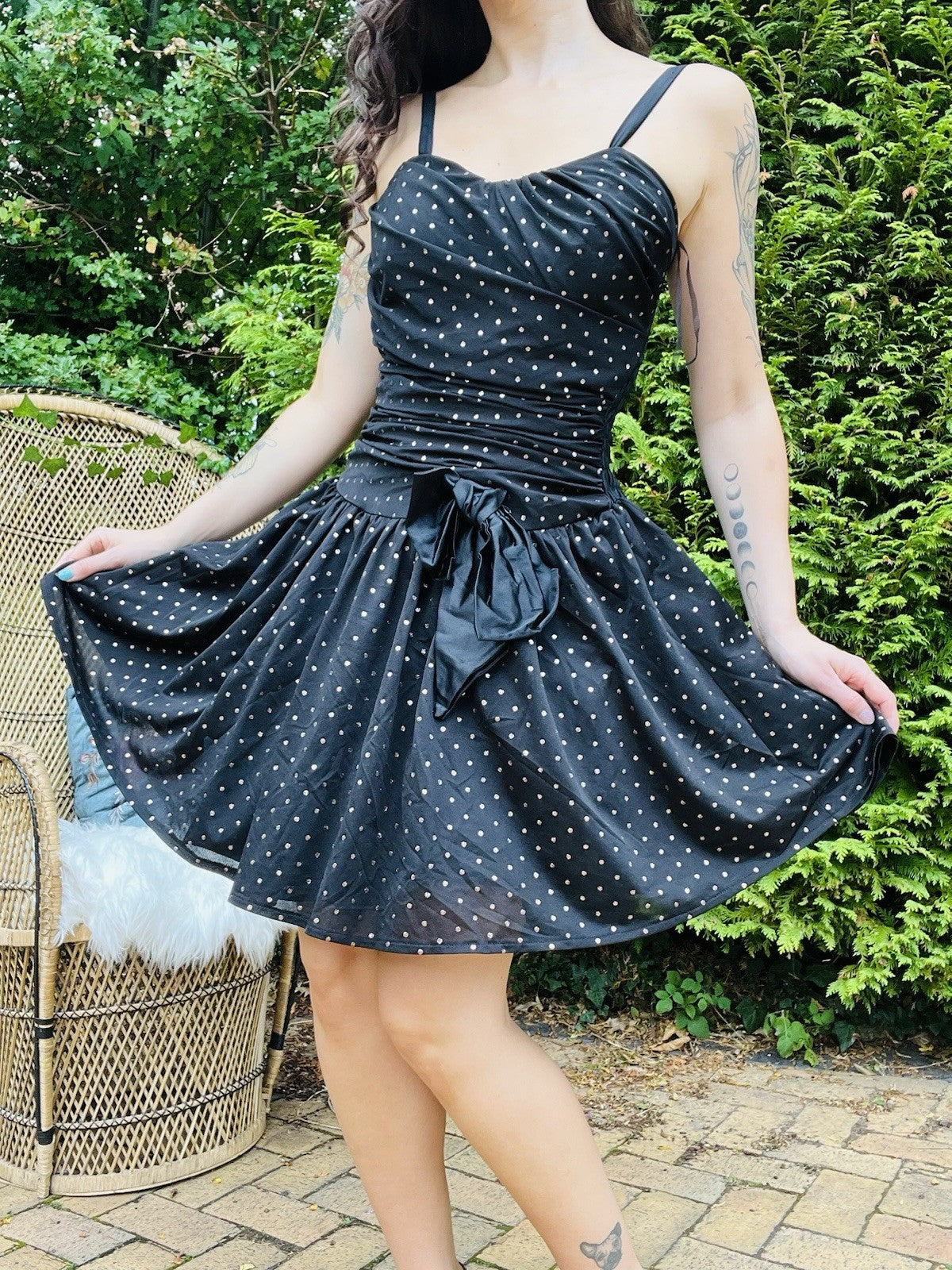 Vintage 80s Party Dress Ruched Waist A-line Puffy Skirt Polkadot With Bow 8-10