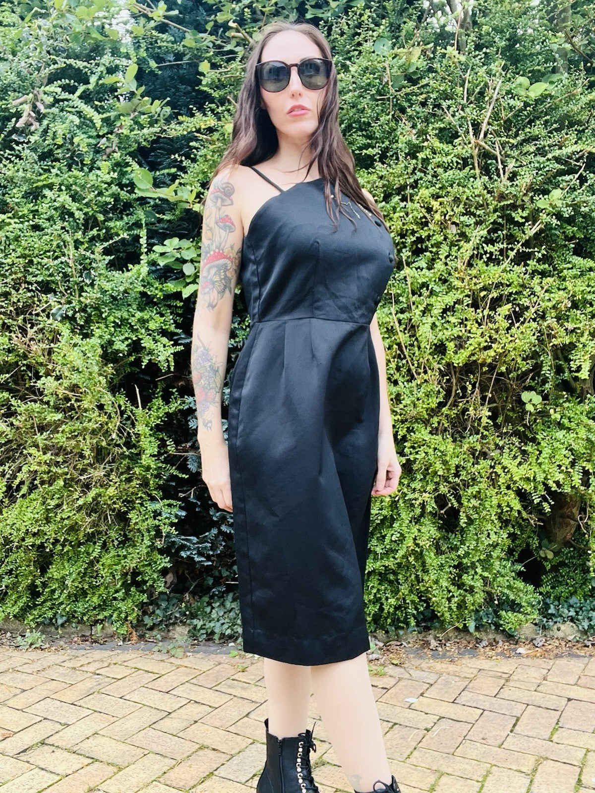 Vintage 1980s Cocktail Dress, Asymmetric Neckline And Cinched Waist Black 12
