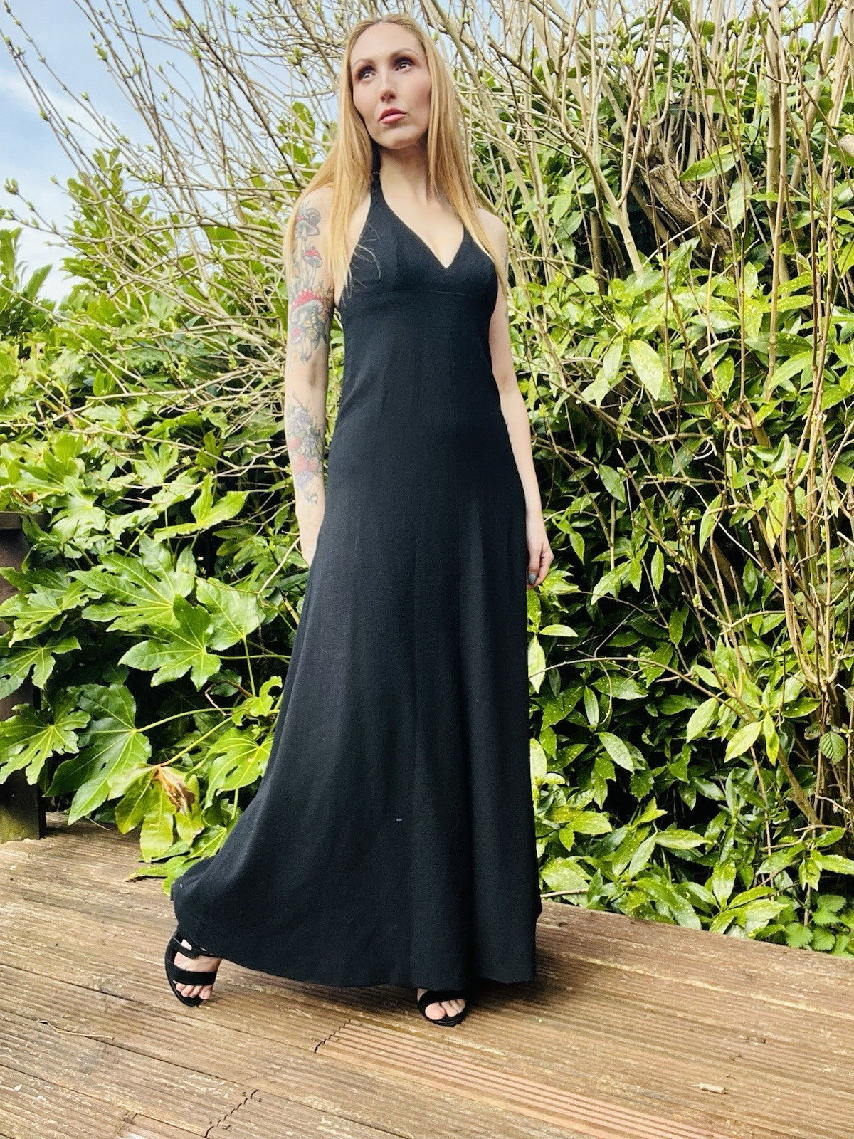 Vintage 1970s Maxi Dress Halterneck Low Back Long Dress By Janick Black Size 8