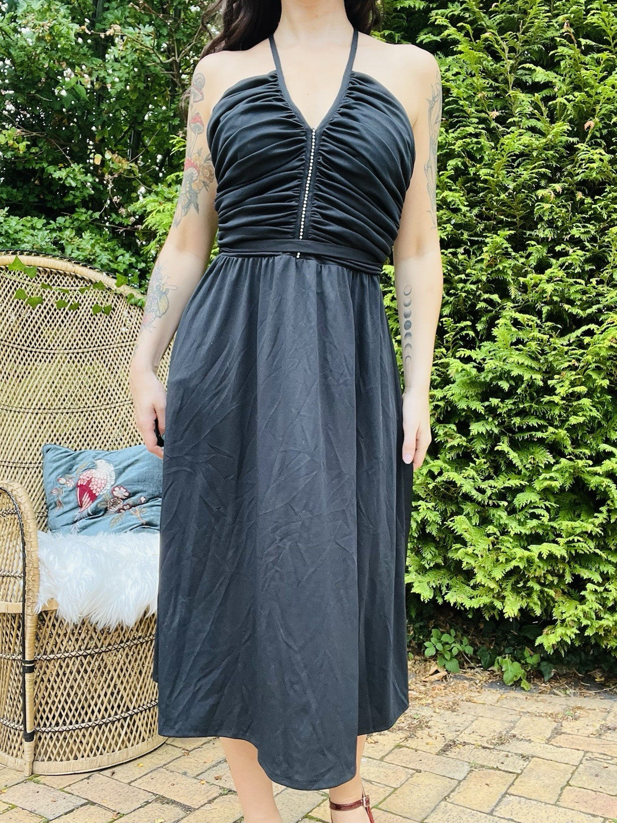 Vintage 1980s Party Dress Black Floaty Rouched Waist Strappy Dress Size 12