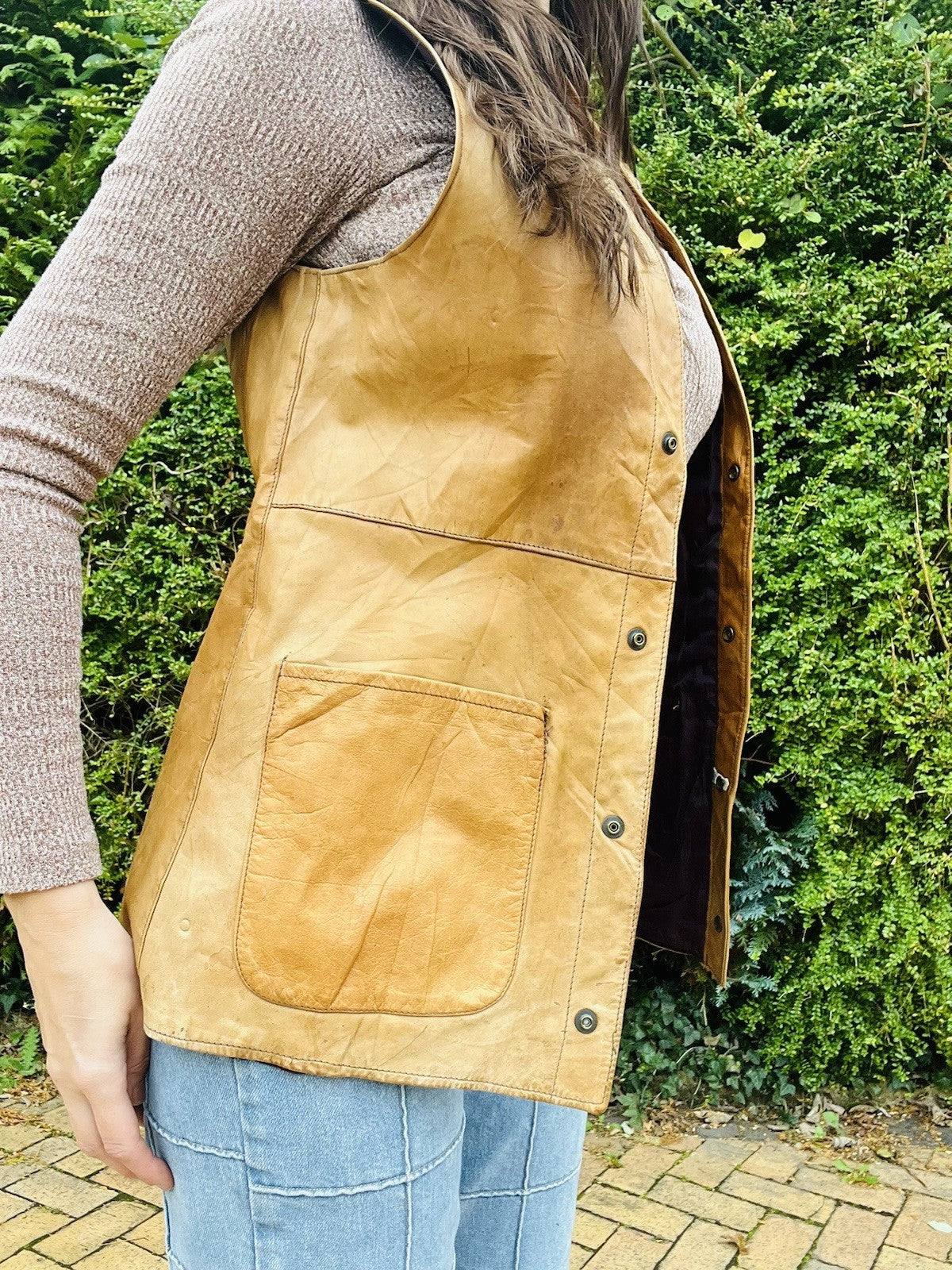 Vintage 1970s Leather Waistcoat, Tan Gilet With Pockets, Unisex Size S 8-10