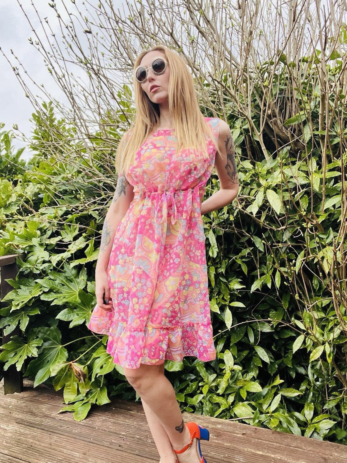 Vintage Y2K Sheer Dress 1960s Style Paisley Floral Ruffle Hem Baby Doll Slip 12