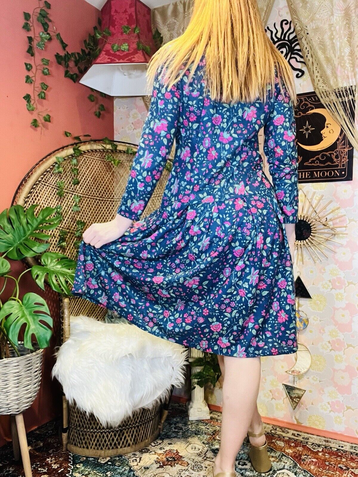 Vintage 1960s Shirt Dress By Deanes Long Sleeve Floral Shorter Fitting Blue 10