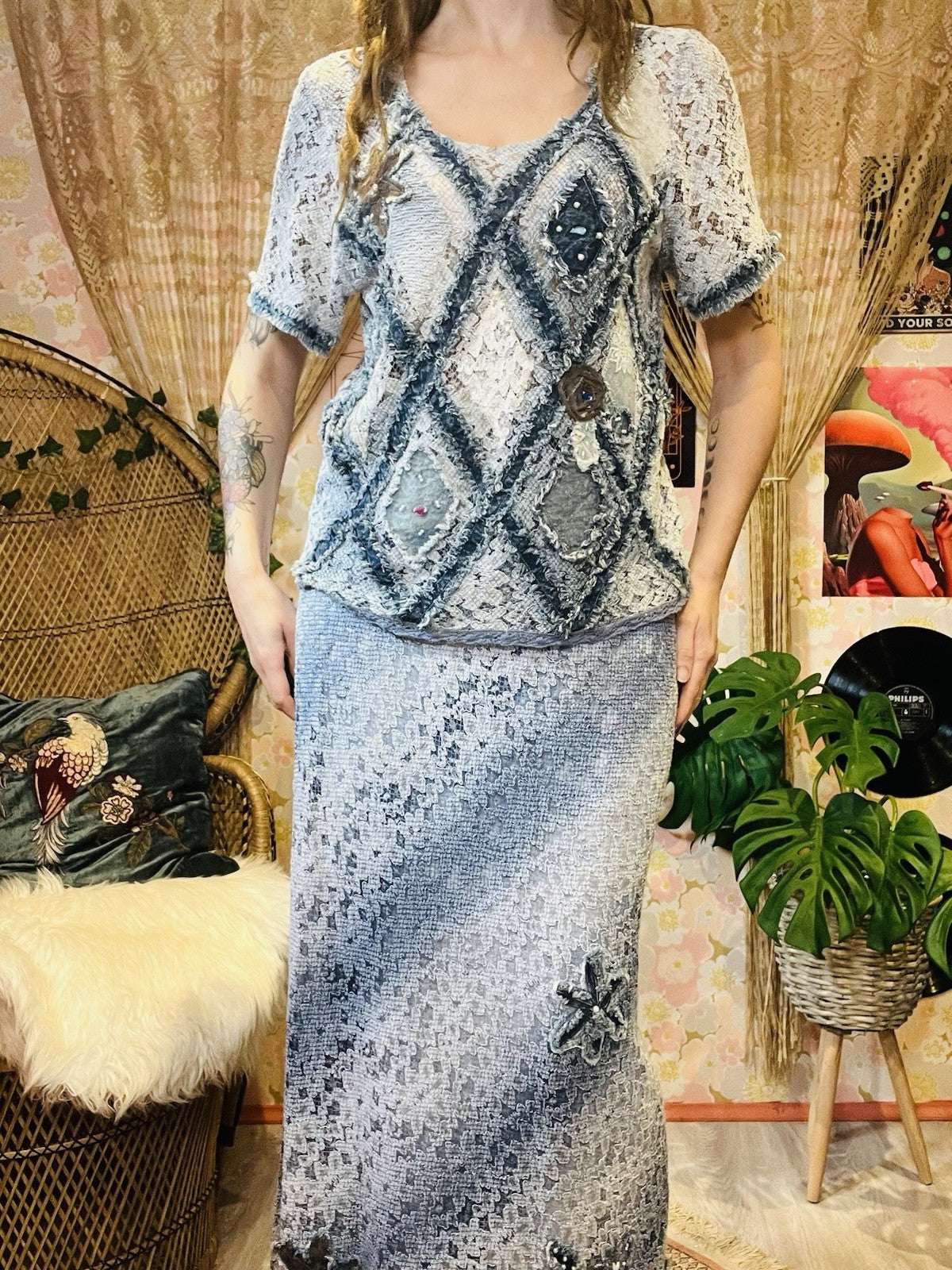 Vintage 90s Two Price Coord Set Maxi Skirt Sand T-shirt Top Frayed Denim Look 14