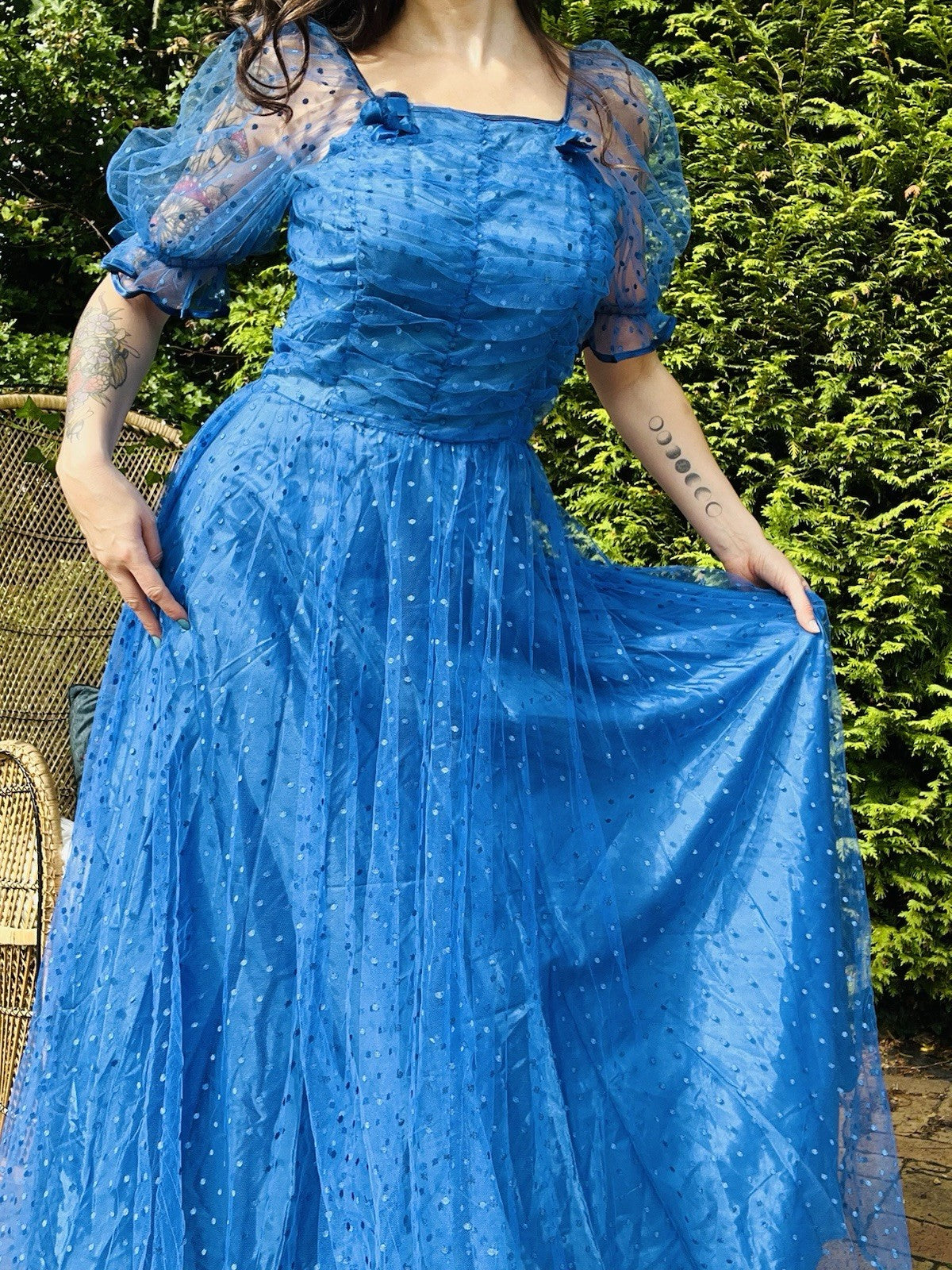 Vintage 1980s Long Dress, Sheer Polkadot Puff Sleeves Ball Gown - Blue Size 10