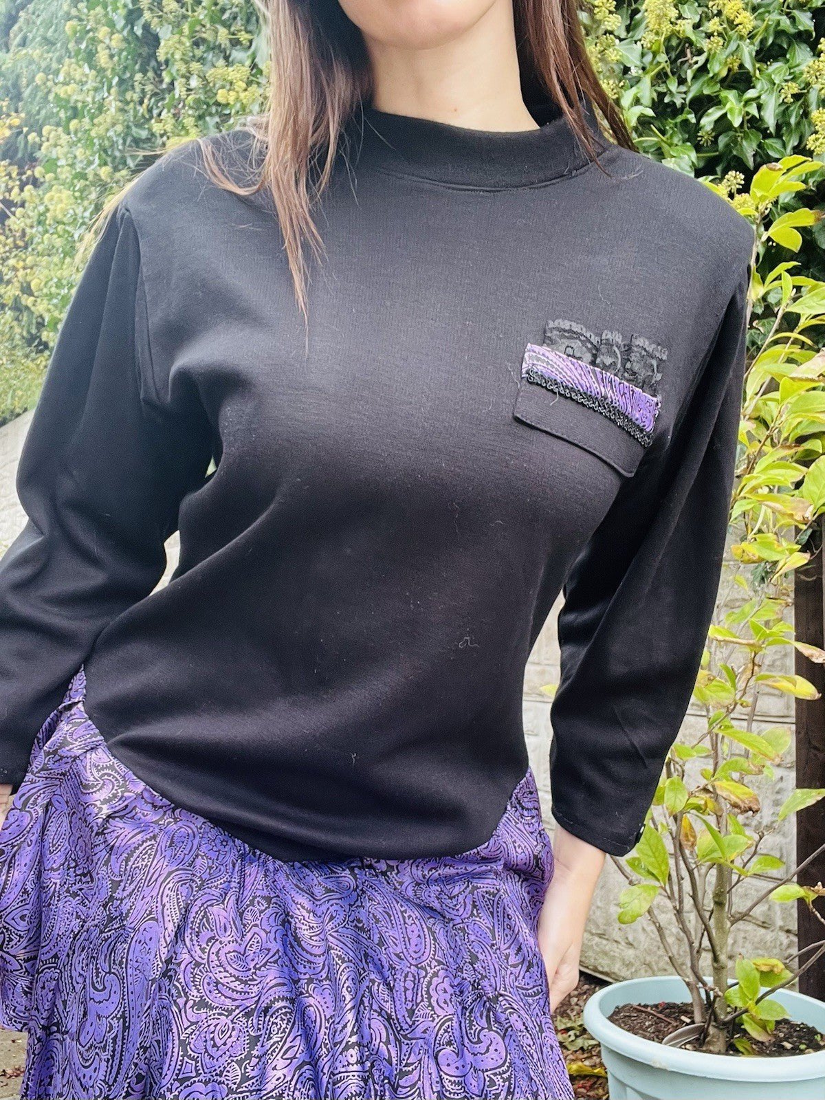 Vintage 1980s Jumper Dress Black Purple Size 16 Long Sleeve Layered Party Dress