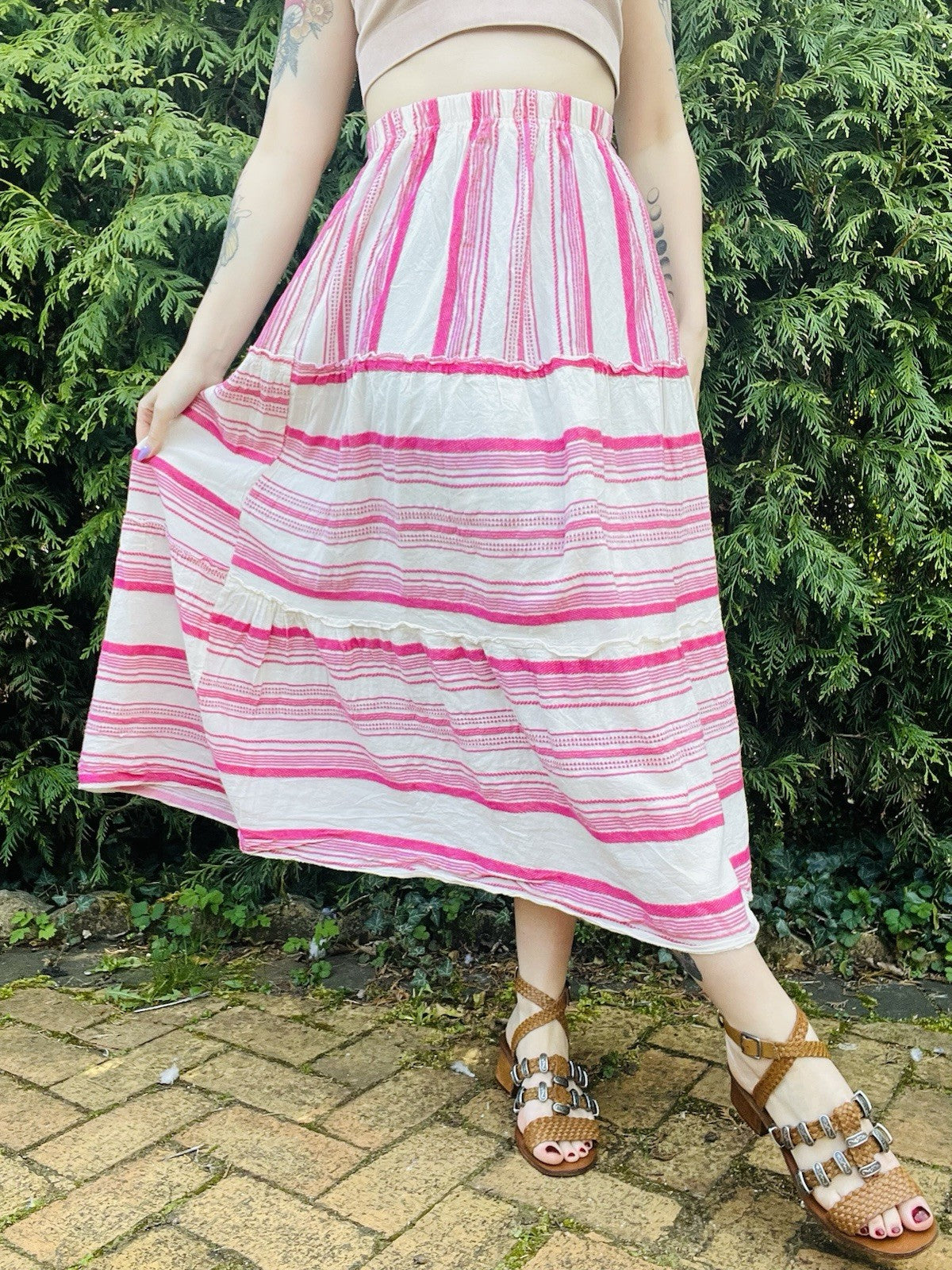 Hippie Boho Festival Skirt Layered Pink Striped Floaty Summer Midi Skirt Size S