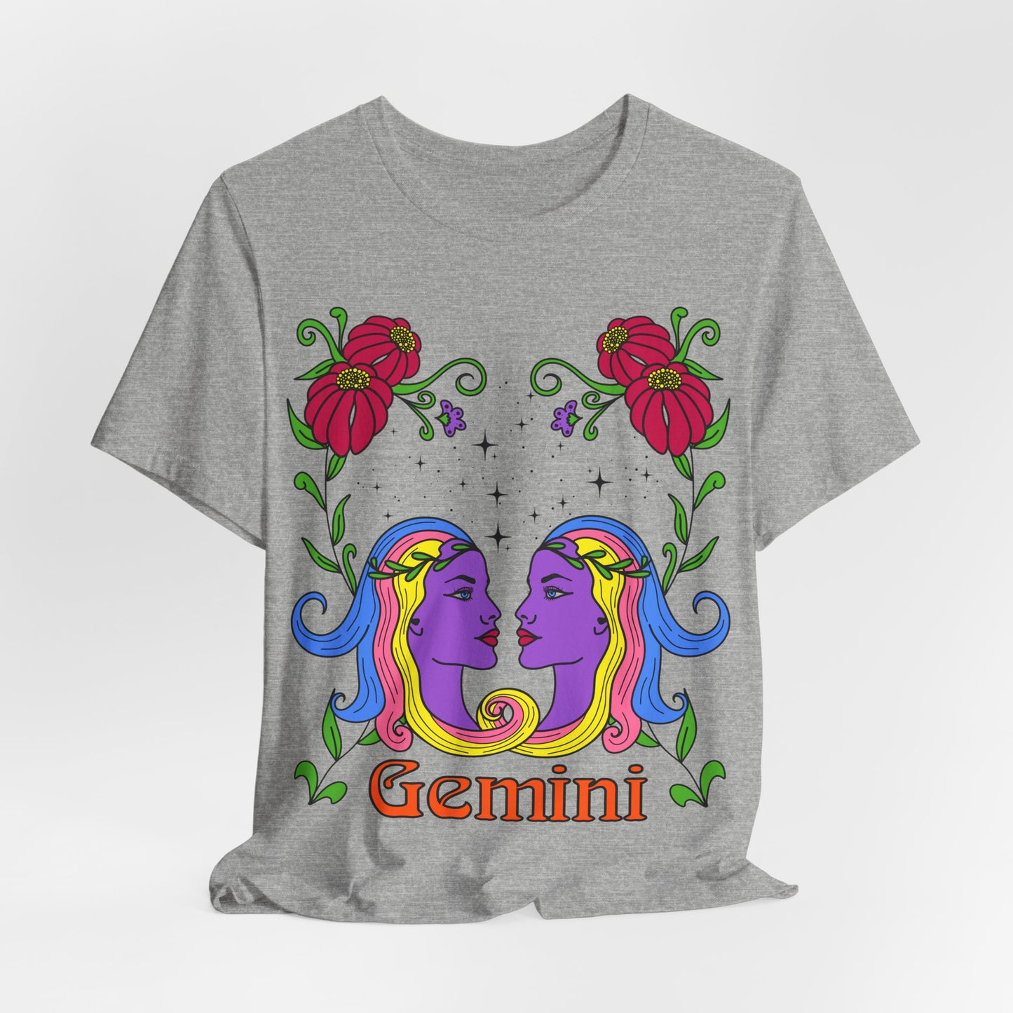 Gemini star sign T-Shirt, Twins zodiac astrology top, Horoscope birthday gift Tee, Bold retro colourful Design tshirt
