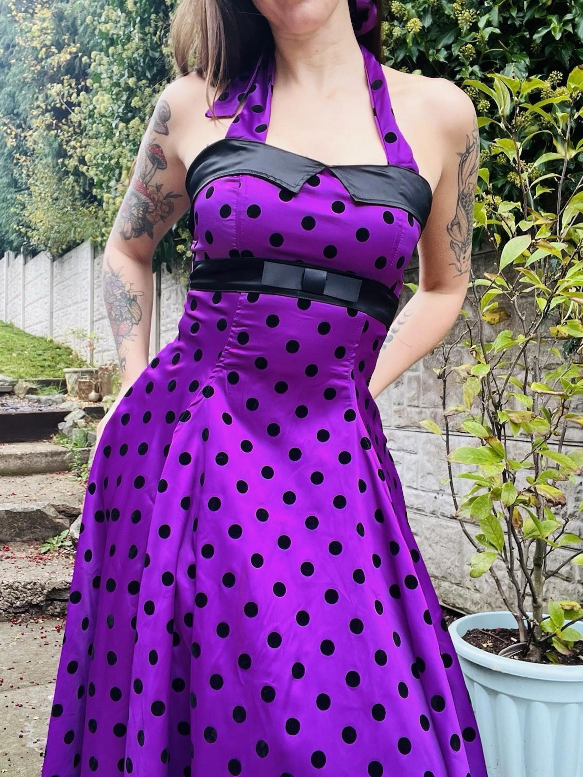 Vintage 1980s Swing Dress Purple Size 8 1850s Style Polkadot Midi Dress
