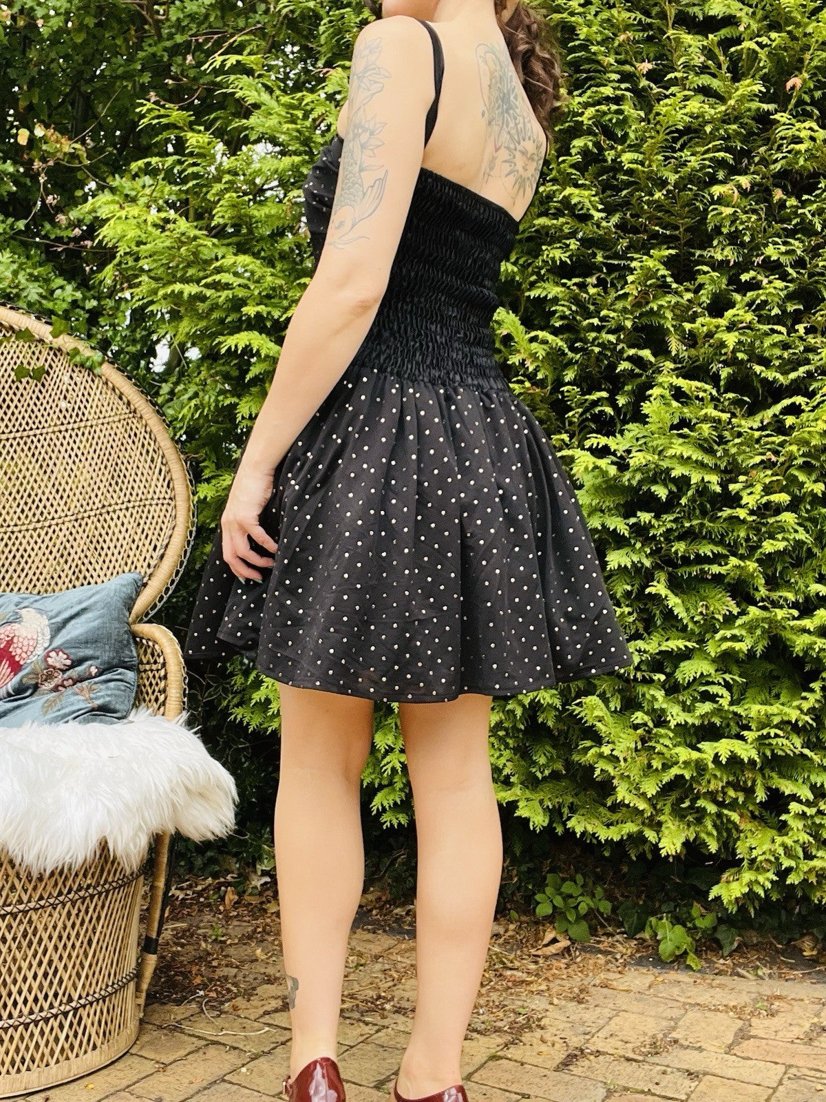 Vintage 80s Party Dress Ruched Waist A-line Puffy Skirt Polkadot With Bow 8-10