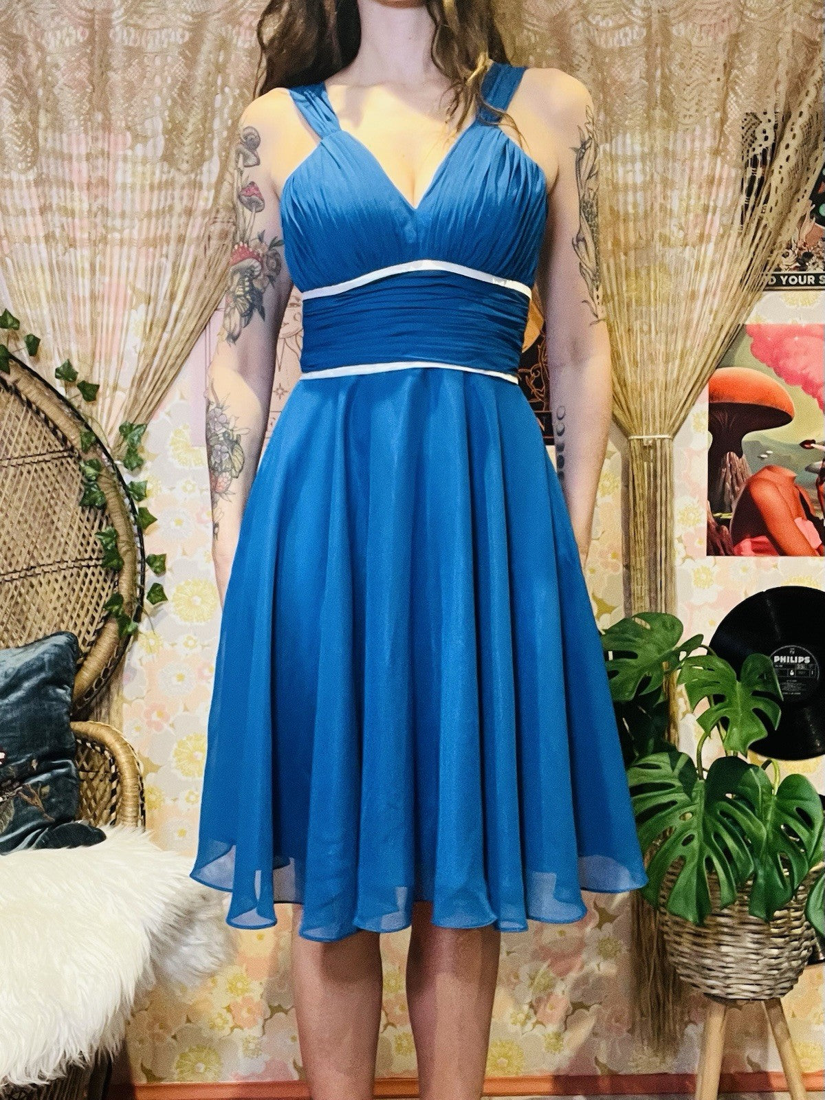 Vintage 1980s Party Dress Floaty Rouched Waist Cocktail Dress Blue Size 10