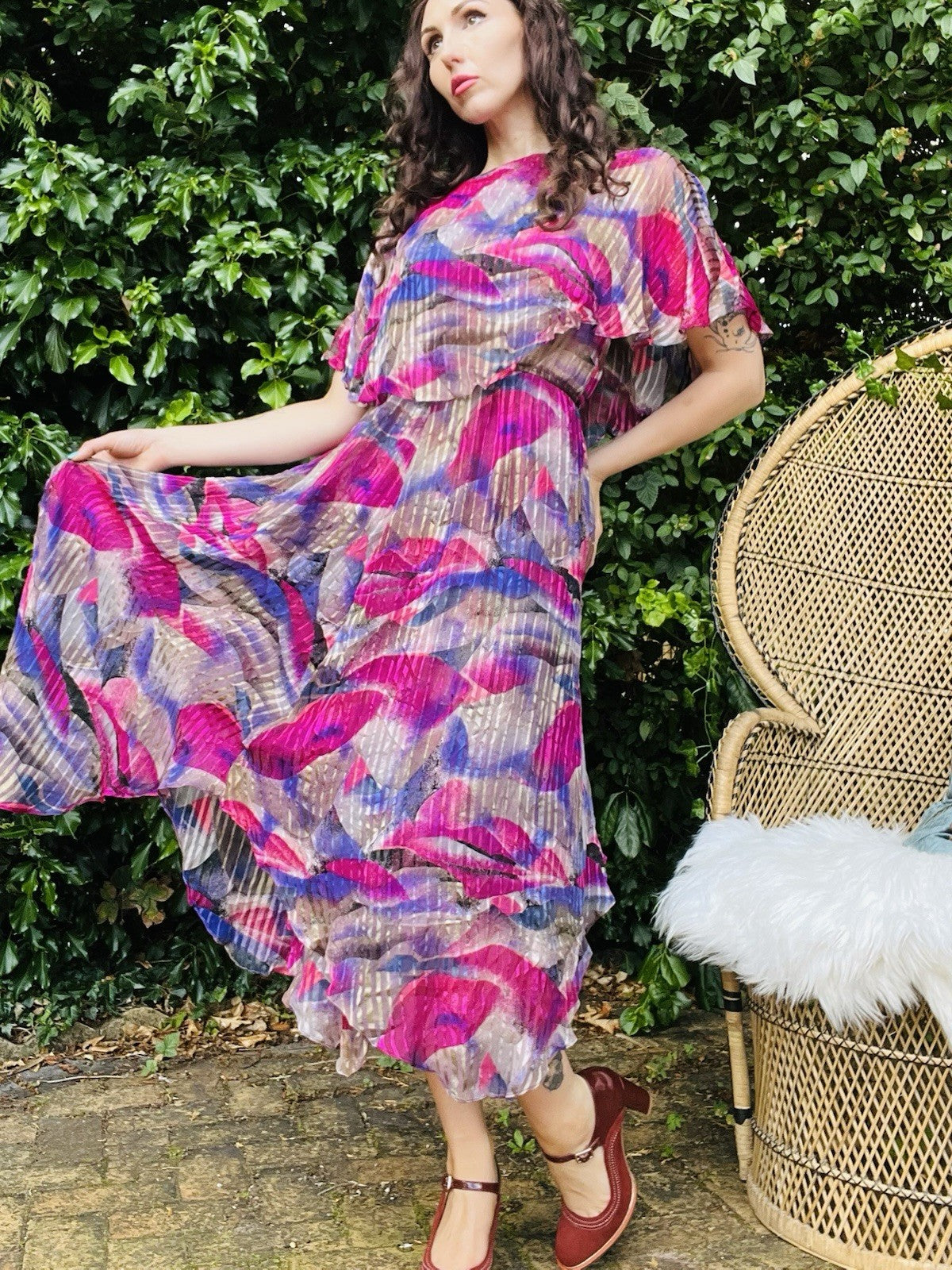 Vintage 1980s Floaty Dress With Cape Sleeves Bold Retro Pink And Purple Sheer 12