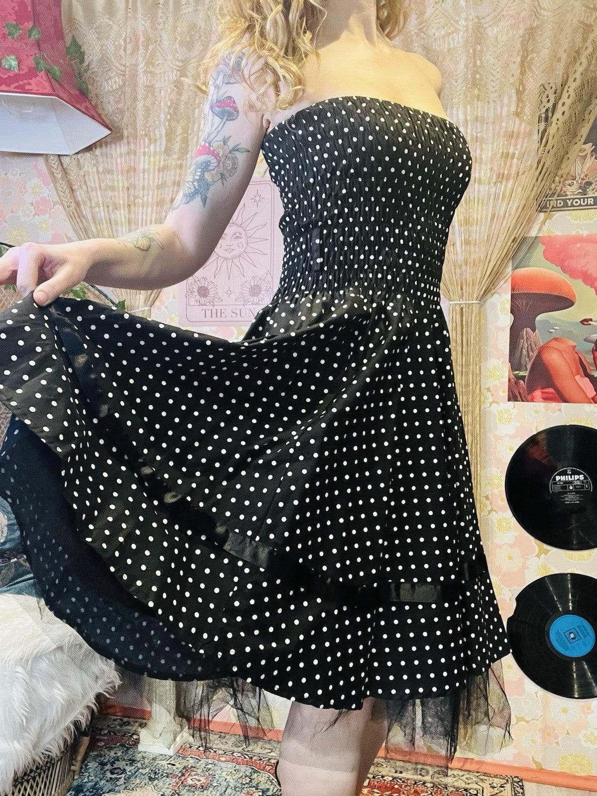 Vintage 1980s Polkadot Dress Frilly A-line Strapless Shirring Party Dress 12