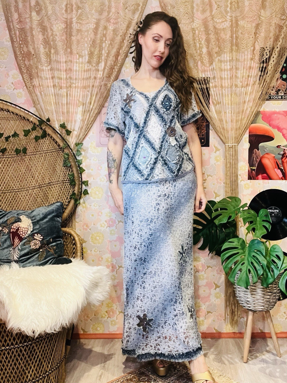 Vintage 90s Two Price Coord Set Maxi Skirt Sand T-shirt Top Frayed Denim Look 14