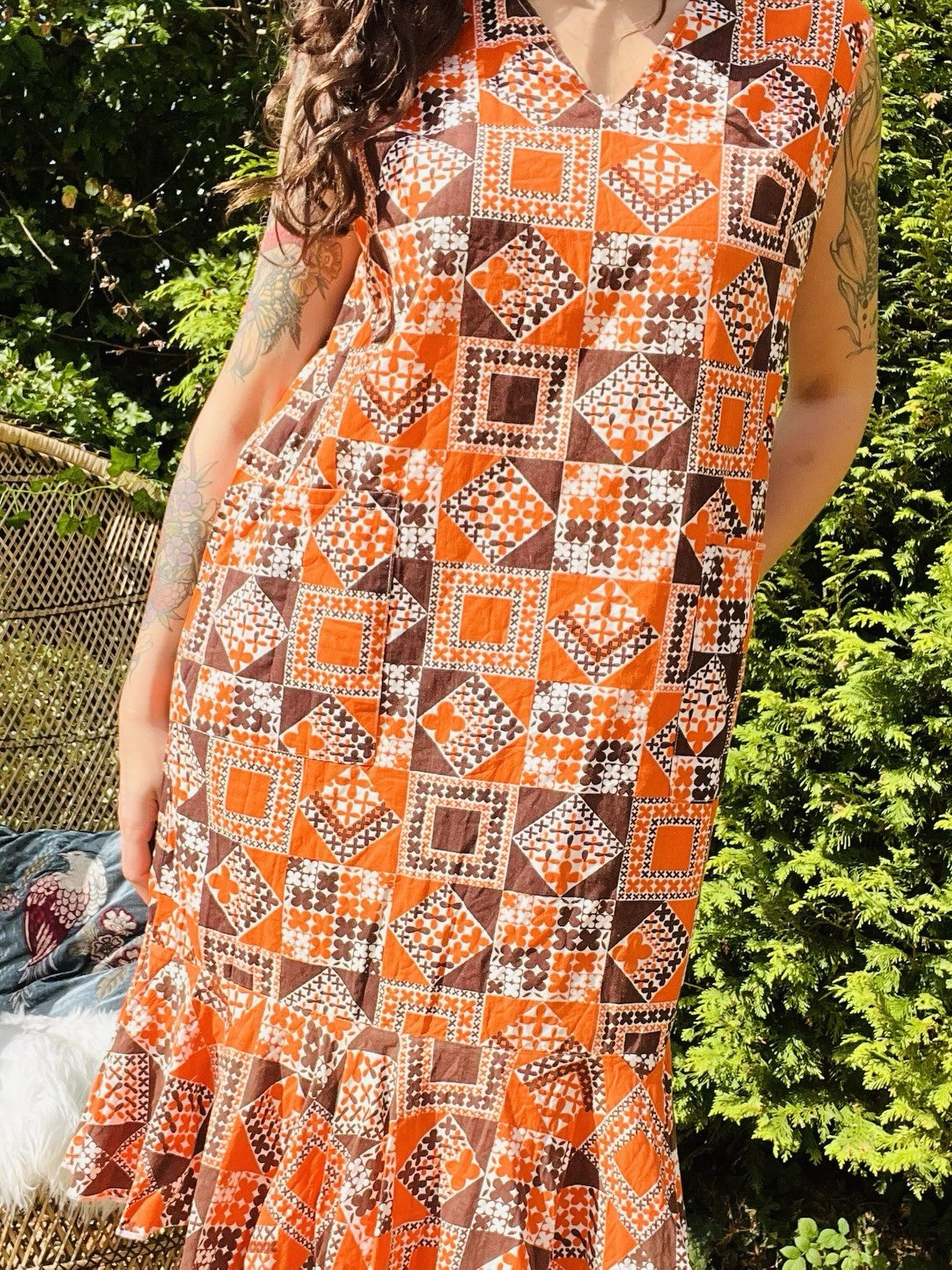 Vintage 1960s Tunic Dress Funky Retro Patterned Dress With Pockets Size 16-18
