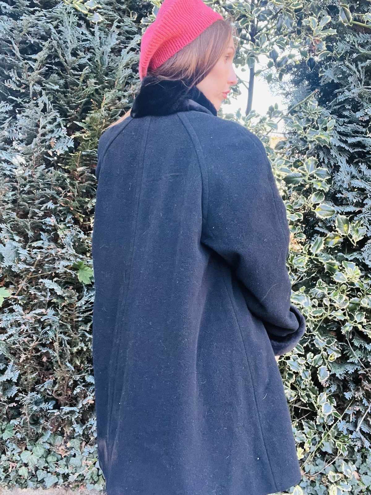 Vintage 1980s Coat Cashmere Blend By Hamells Black With Faux Fur Trim Size 12