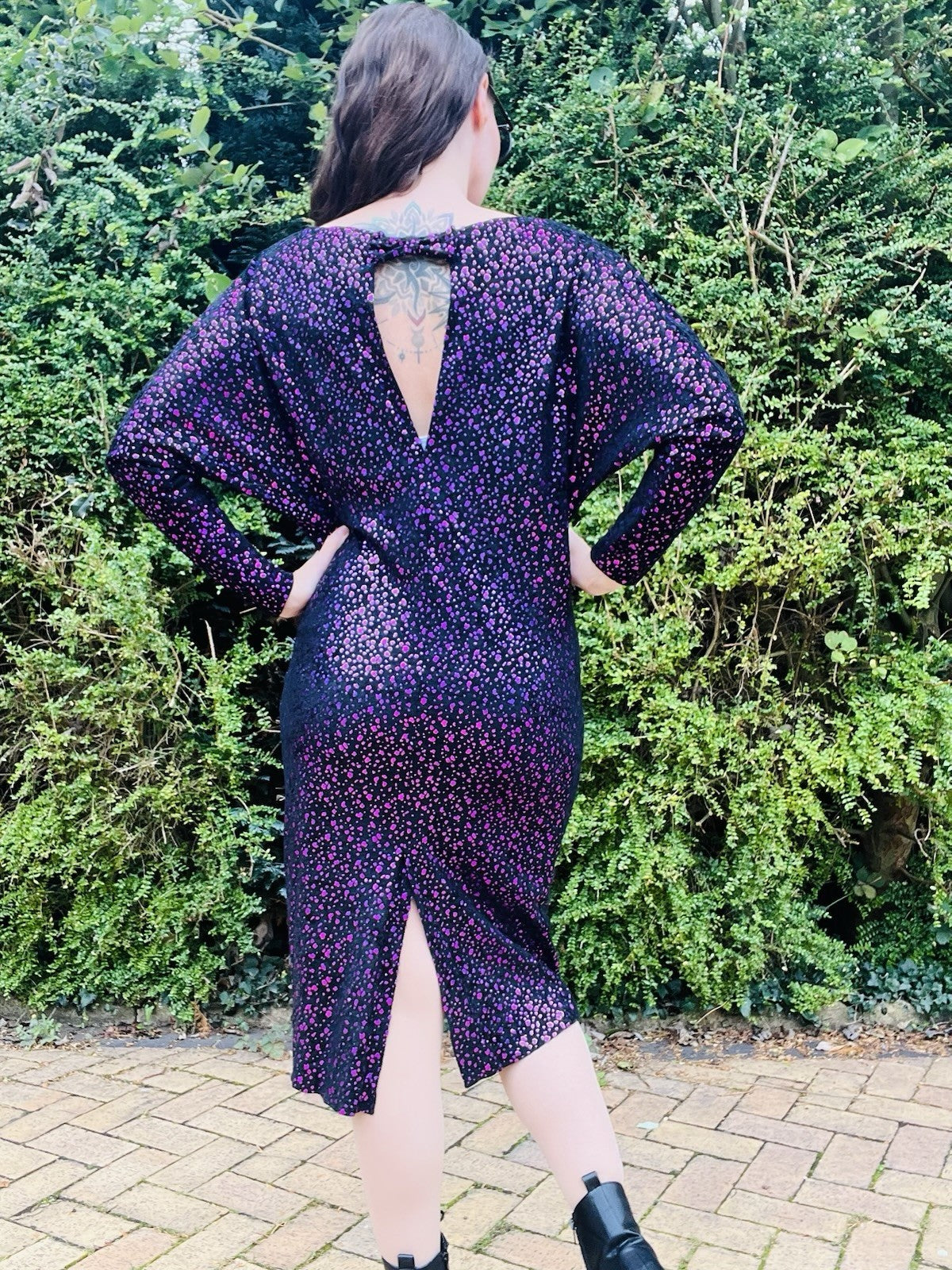 Vintage 1980s Batwing Dress Long Sleeve Polcadot Shiny Fun Fancy Dress Size 10