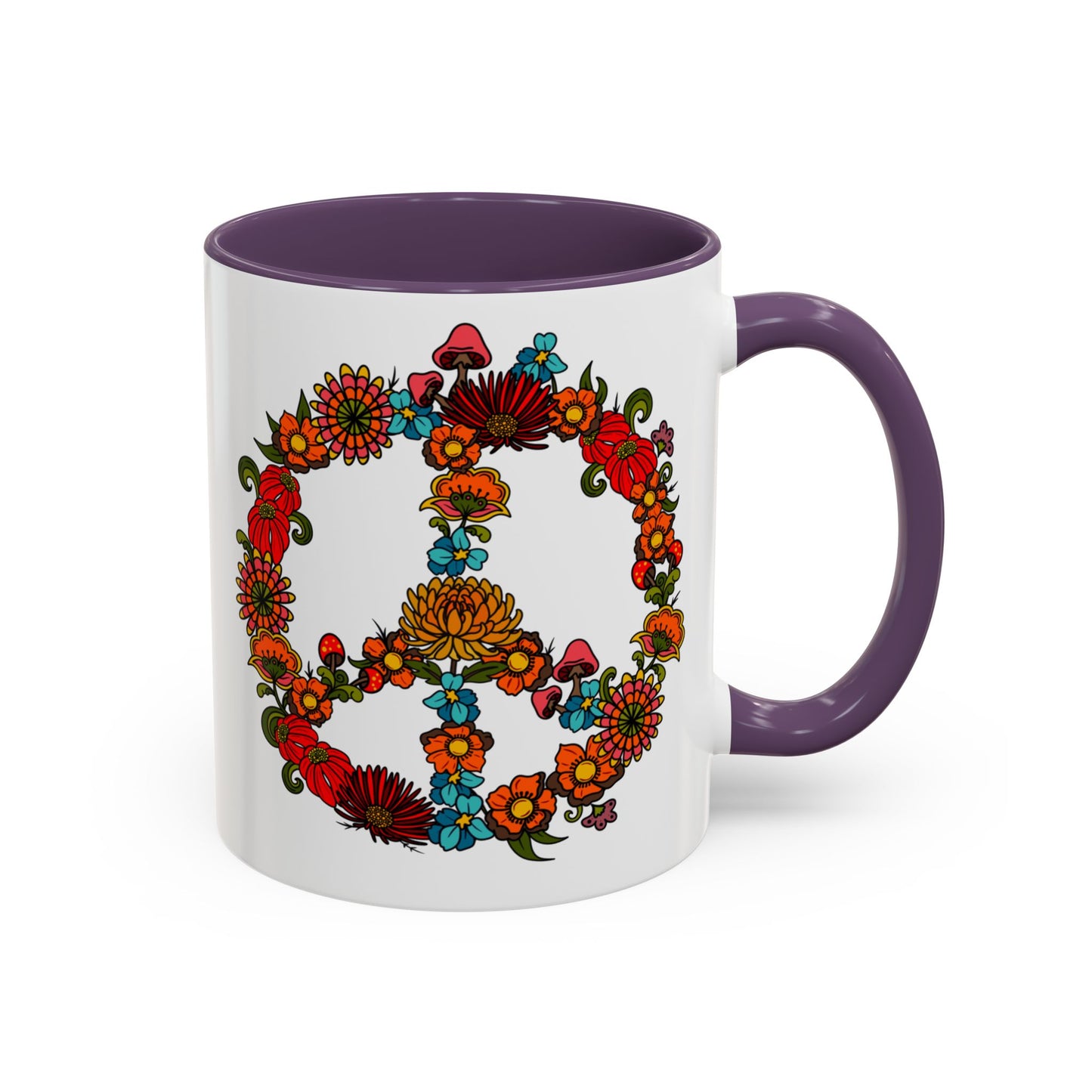 Hippie Peace Sign mug, Retro Floral 60s 70s tea and coffee cup, Colourful CND flower power ceramic mug