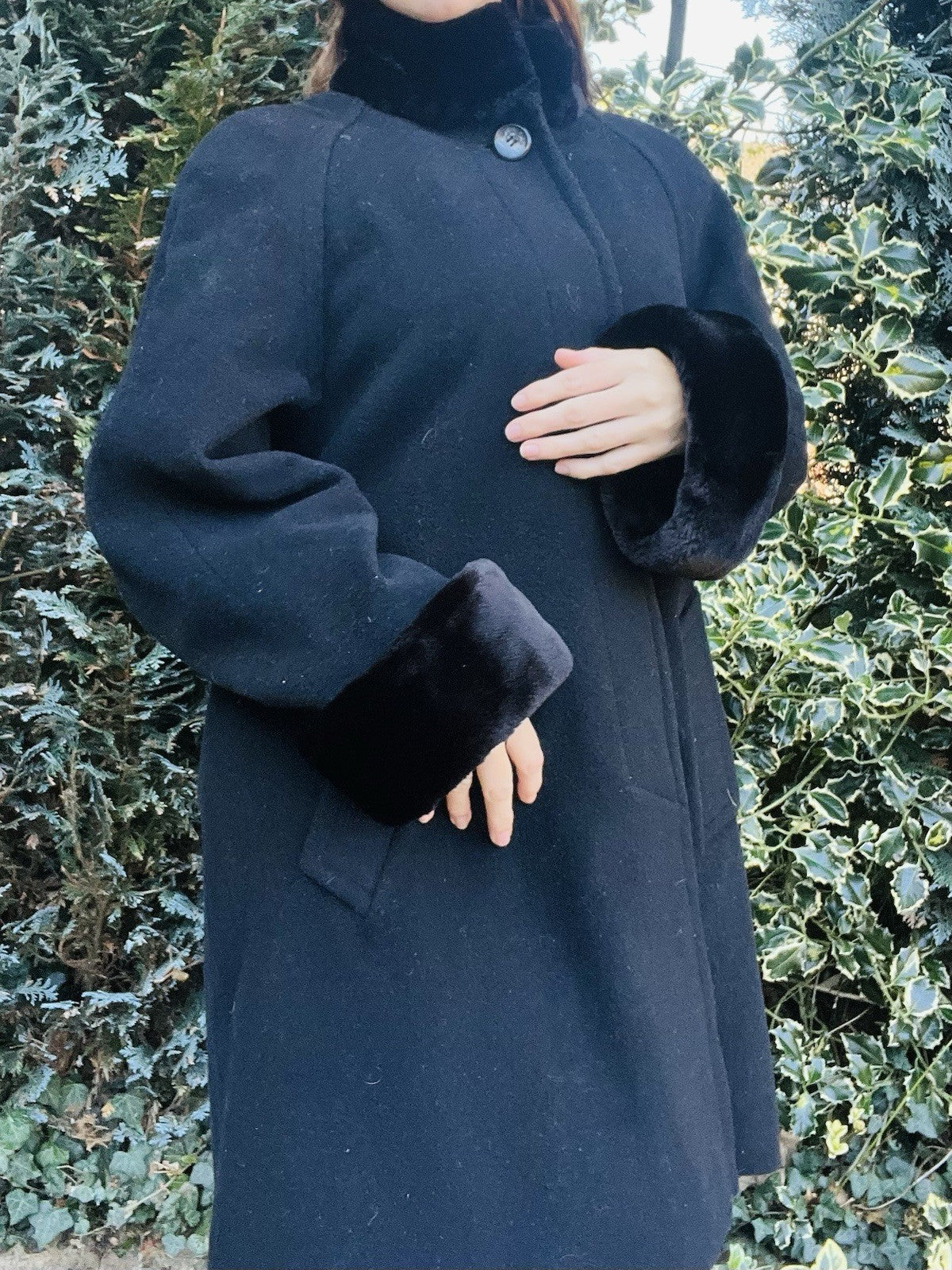 Vintage 1980s Coat Cashmere Blend By Hamells Black With Faux Fur Trim Size 12