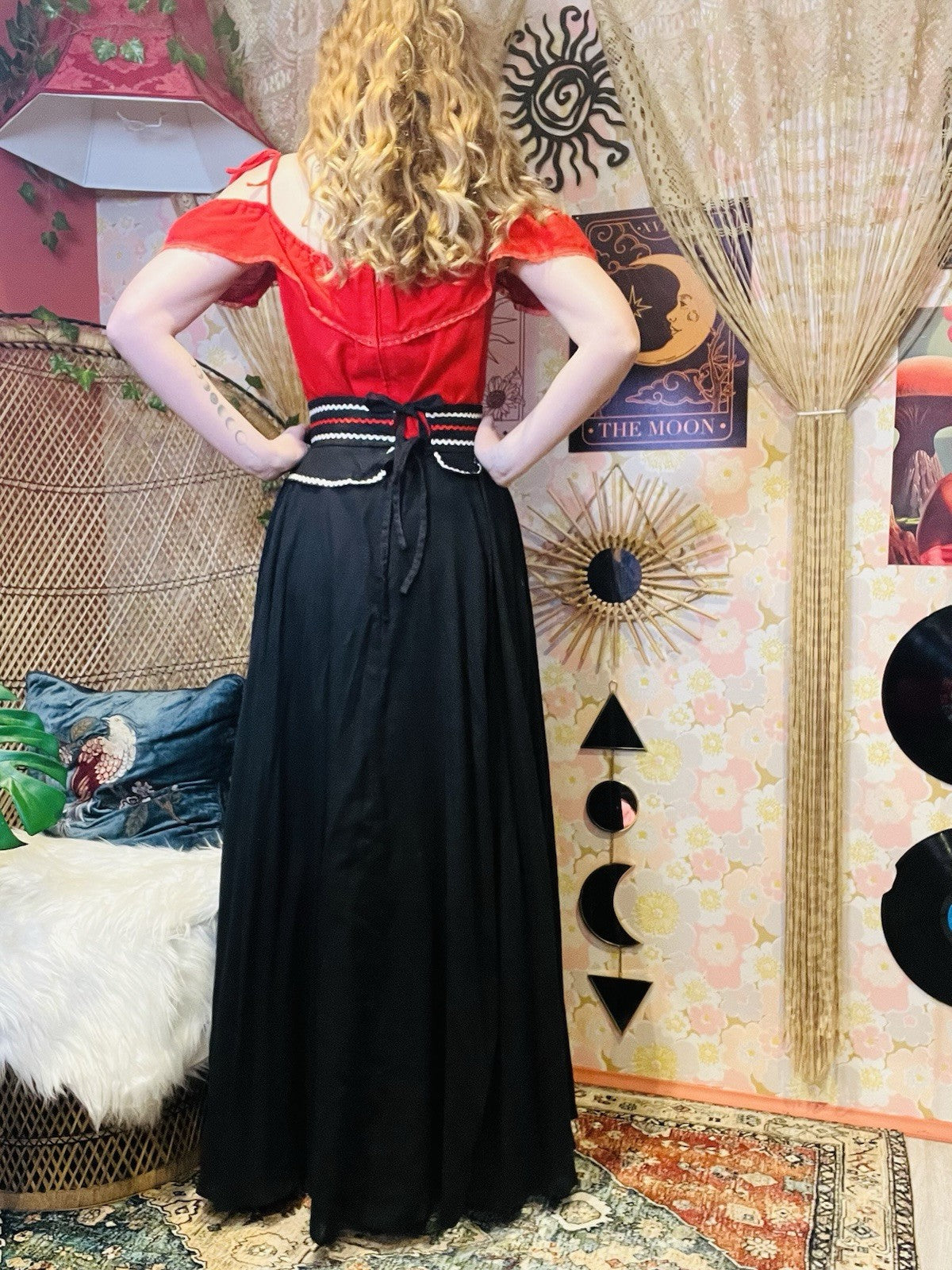Vintage 1980s Maxi Dress Long Peasant Boho Frilly Dress With Belt Red Black 10