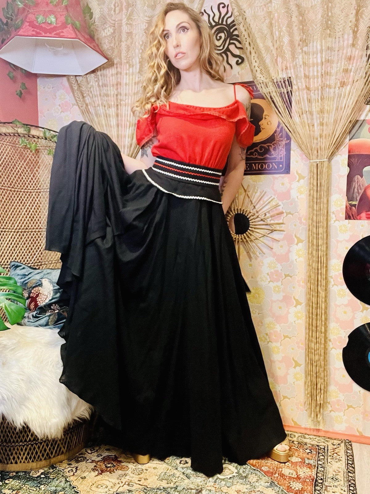 Vintage 1980s Maxi Dress Long Peasant Boho Frilly Dress With Belt Red Black 10