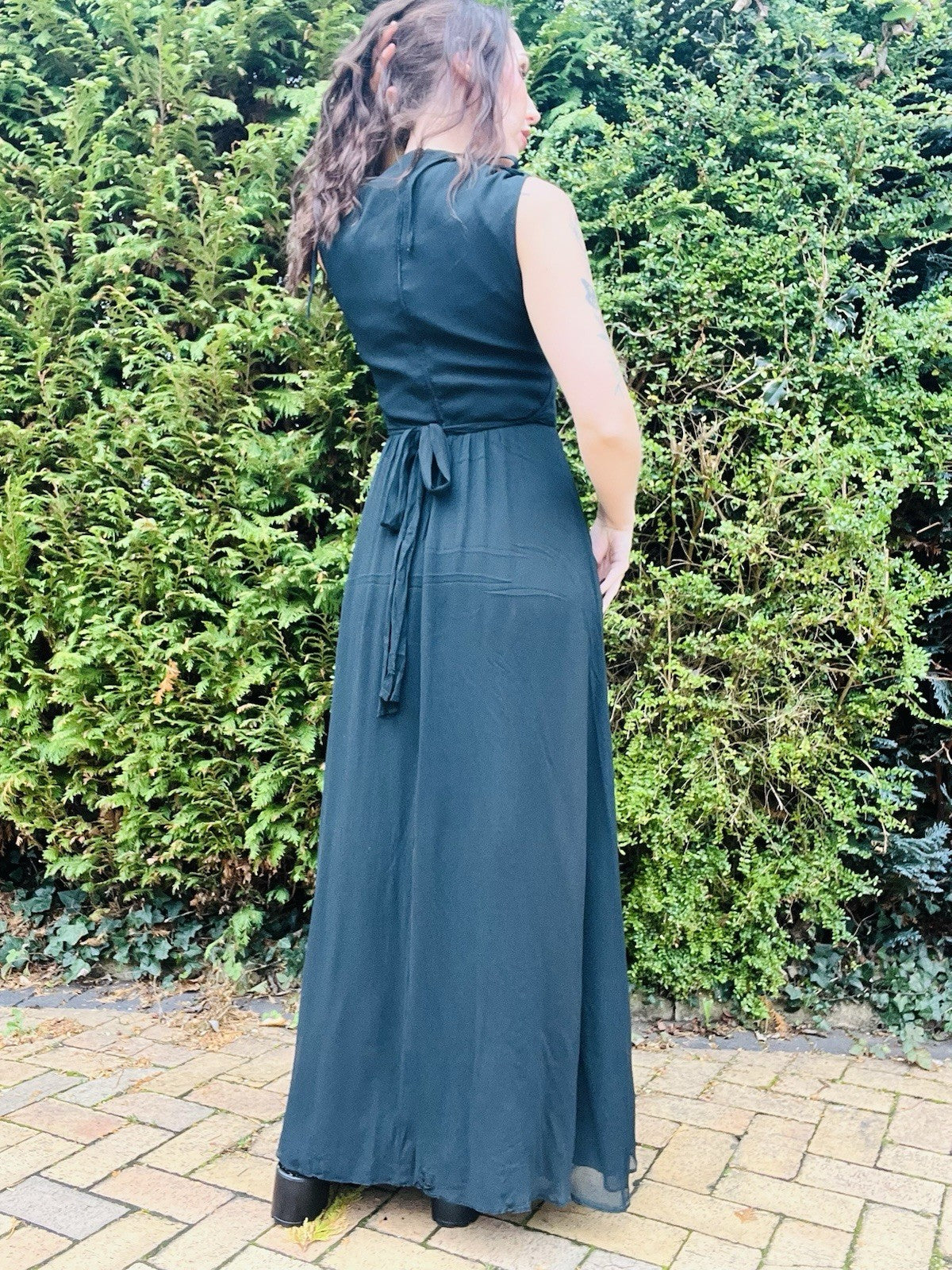 Vintage 1970s Black Dress By Vera Mont, Long Maxi Length, Tie Waist Size 10