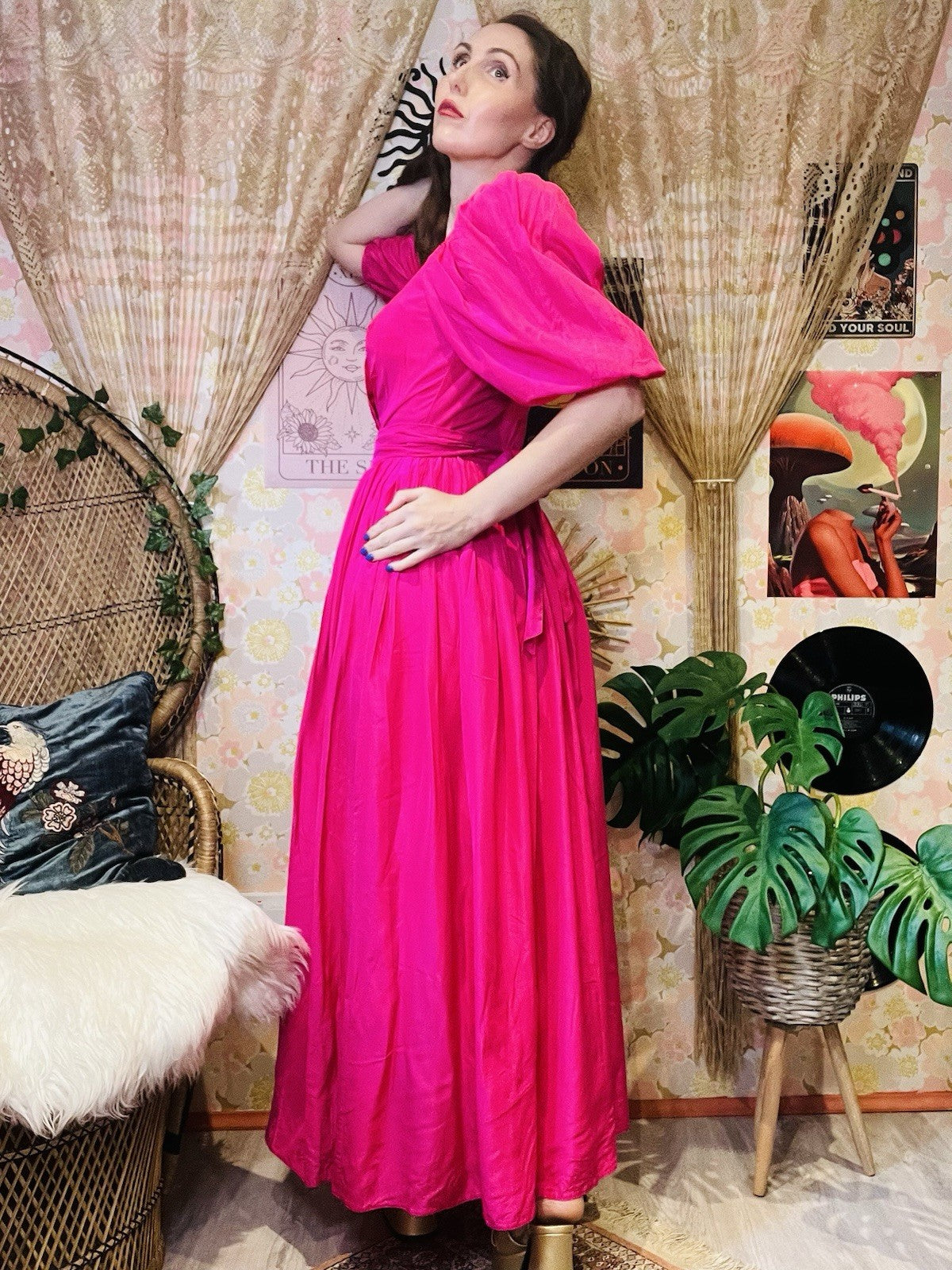 Vintage 1980s Puff Sleeve Dress And Tie Waist Hot Pink Cocktail Gown Size 8